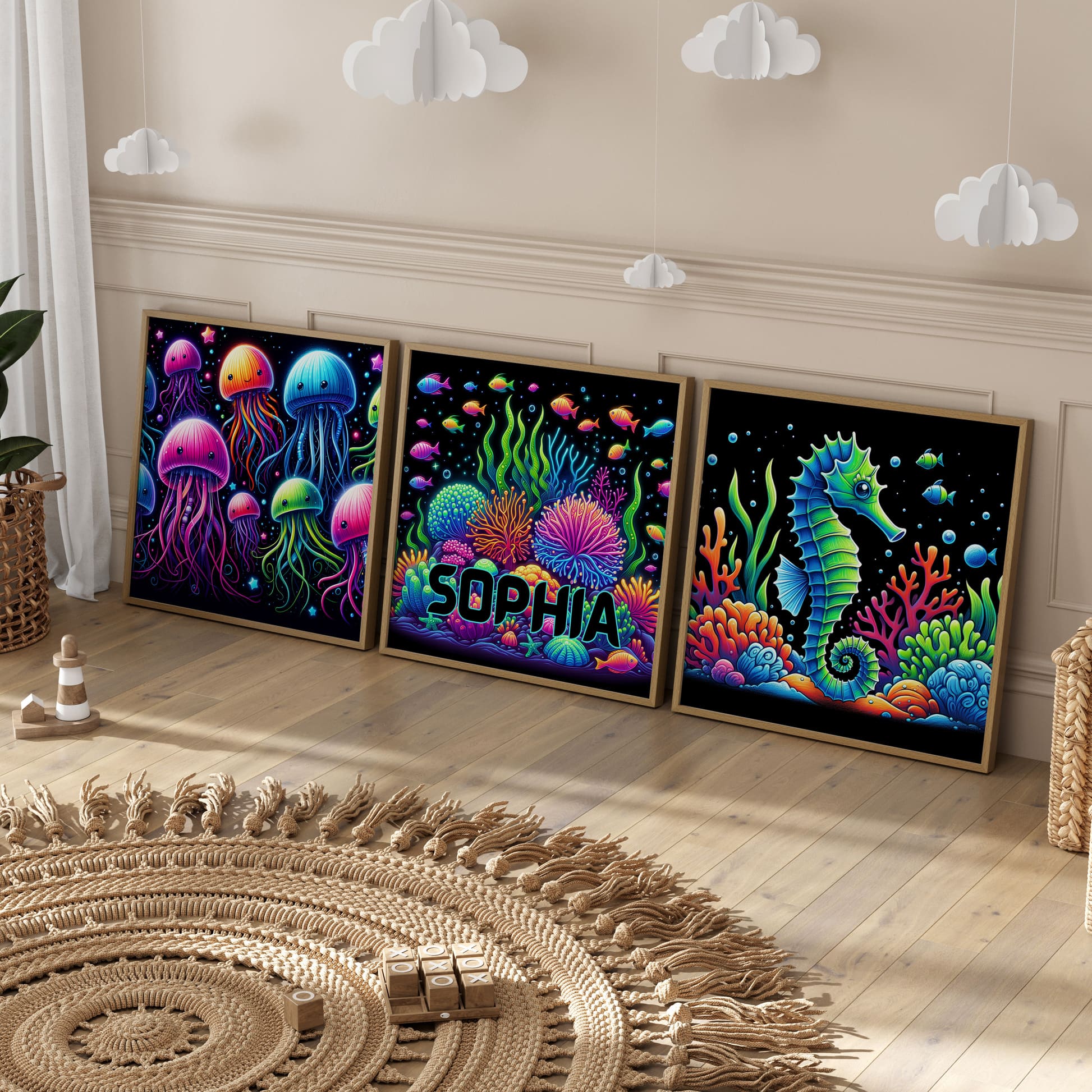 Black & Bold Neon Underwater | Personalised Nursery Prints