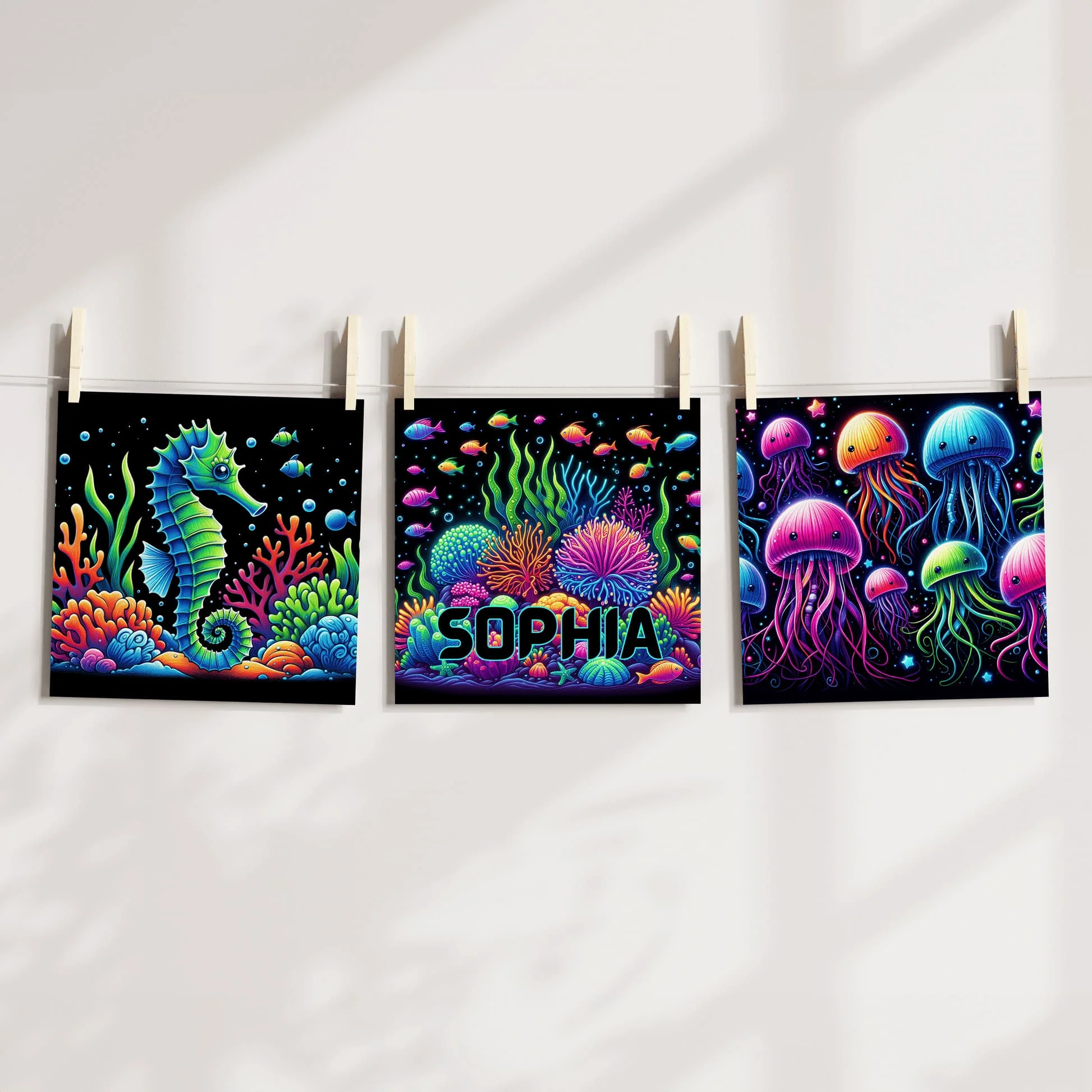 Black & Bold Neon Underwater | Personalised Nursery Prints - Image 2
