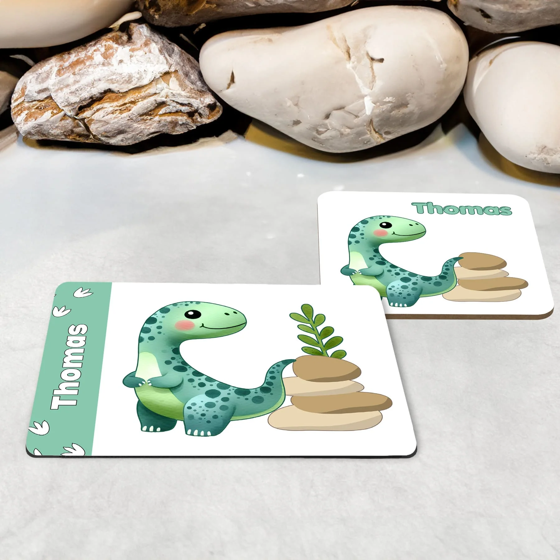 Blue-Green Dinosaur Personalised Mug, Coaster & Placemat Set - Image 3