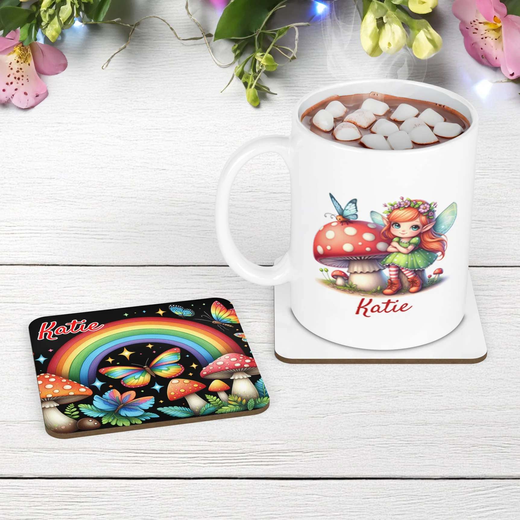 Bright Fairy Garden Personalised Mug, Coaster & Placemat Set - Image 3