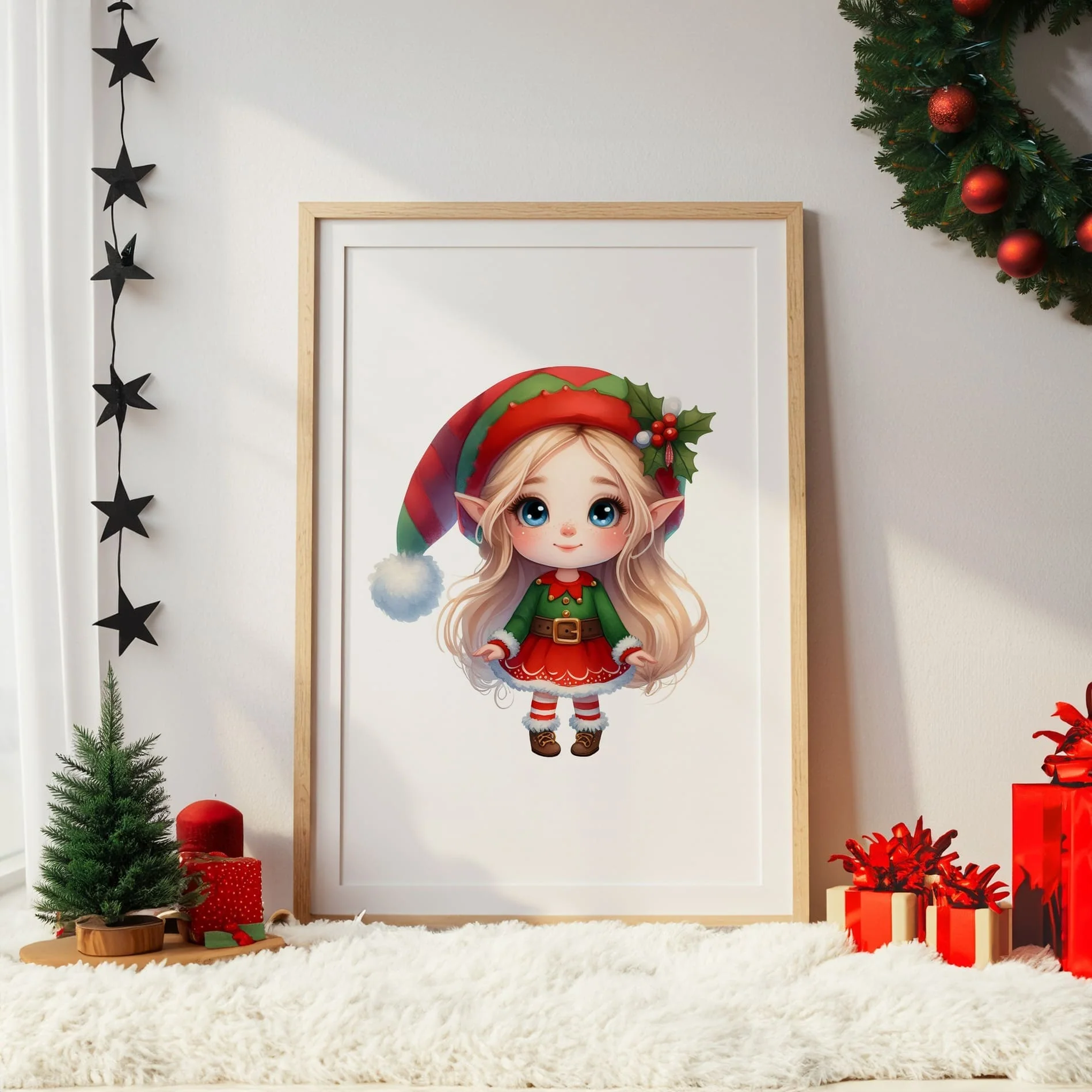 Christmas Nursery Prints Set of 3 | Blonde Girl Elf, Reindeer & Christmas Initial | Seasonal Kids Wall Art Prints - Image 2