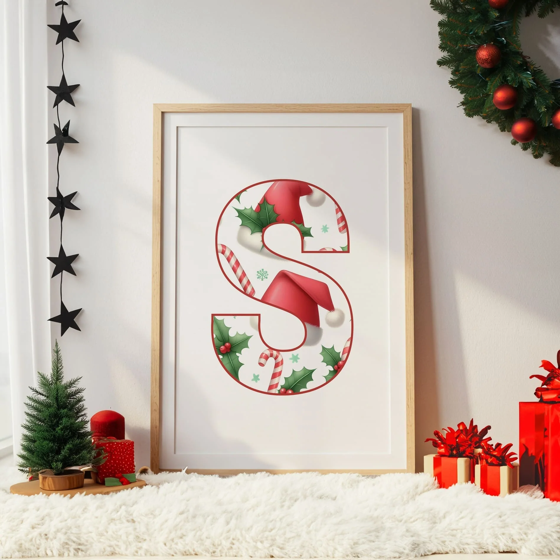 Christmas Nursery Prints Set of 3 | Blonde Girl Elf, Reindeer & Christmas Initial | Seasonal Kids Wall Art Prints - Image 3