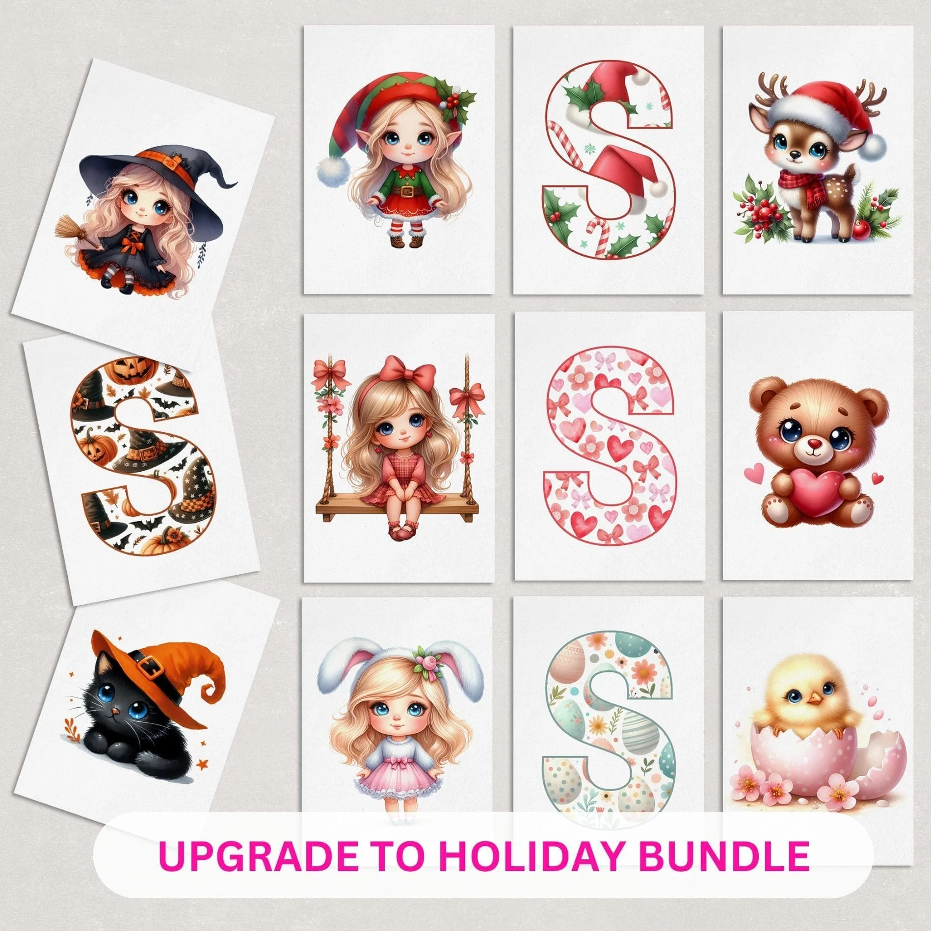 Christmas Nursery Prints Set of 3 | Blonde Girl Elf, Reindeer & Christmas Initial | Seasonal Kids Wall Art Prints - Image 4