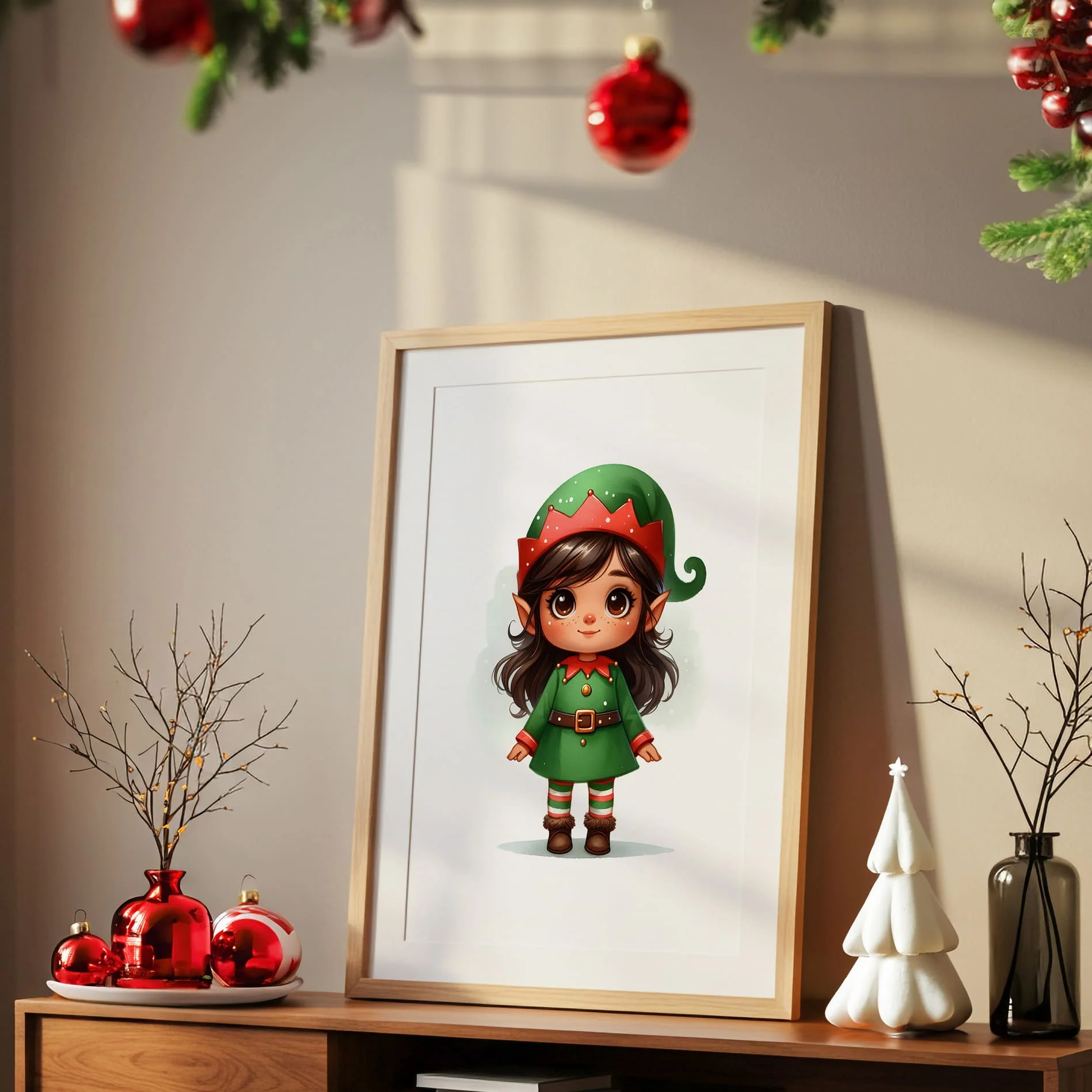 Christmas Nursery Prints Set of 3 | Brown Hair Girl Elf, Reindeer & Christmas Initial | Seasonal Kids Wall Art Prints - Image 2