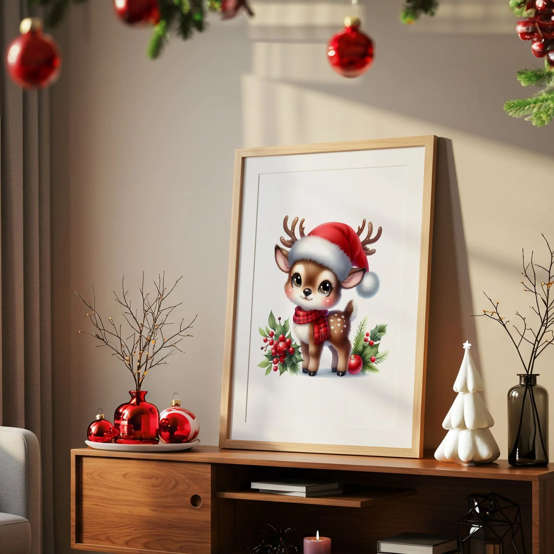 Christmas Nursery Prints Set of 3 | Brown Hair Girl Elf, Reindeer & Christmas Initial | Seasonal Kids Wall Art Prints - Image 3