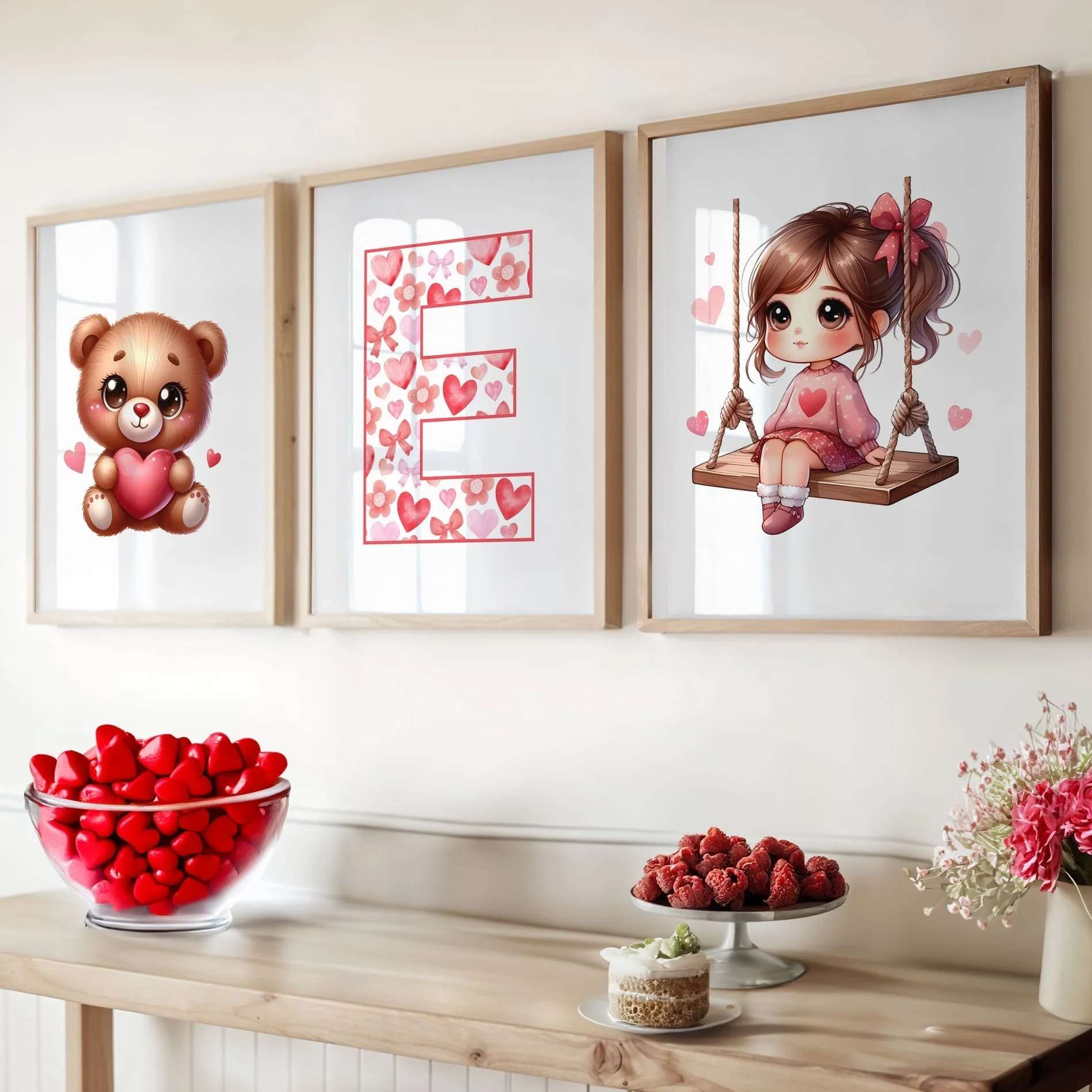 Christmas Nursery Prints Set of 3 | Brown Hair Girl Elf, Reindeer & Christmas Initial | Seasonal Kids Wall Art Prints - Image 4