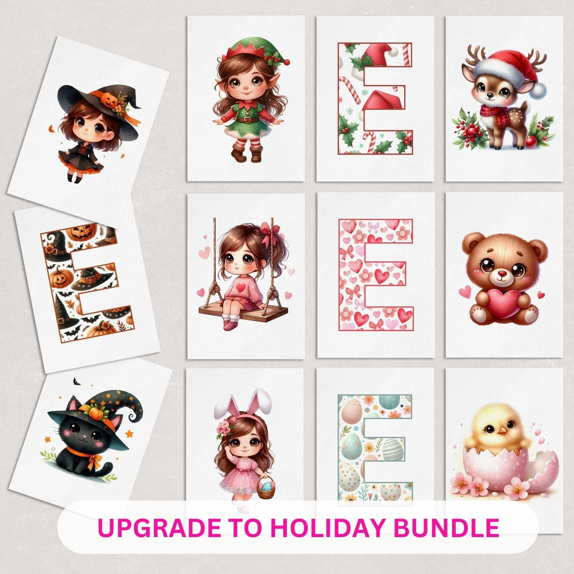 Christmas Nursery Prints Set of 3 | Brown Hair Girl Elf, Reindeer & Christmas Initial | Seasonal Kids Wall Art Prints - Image 7