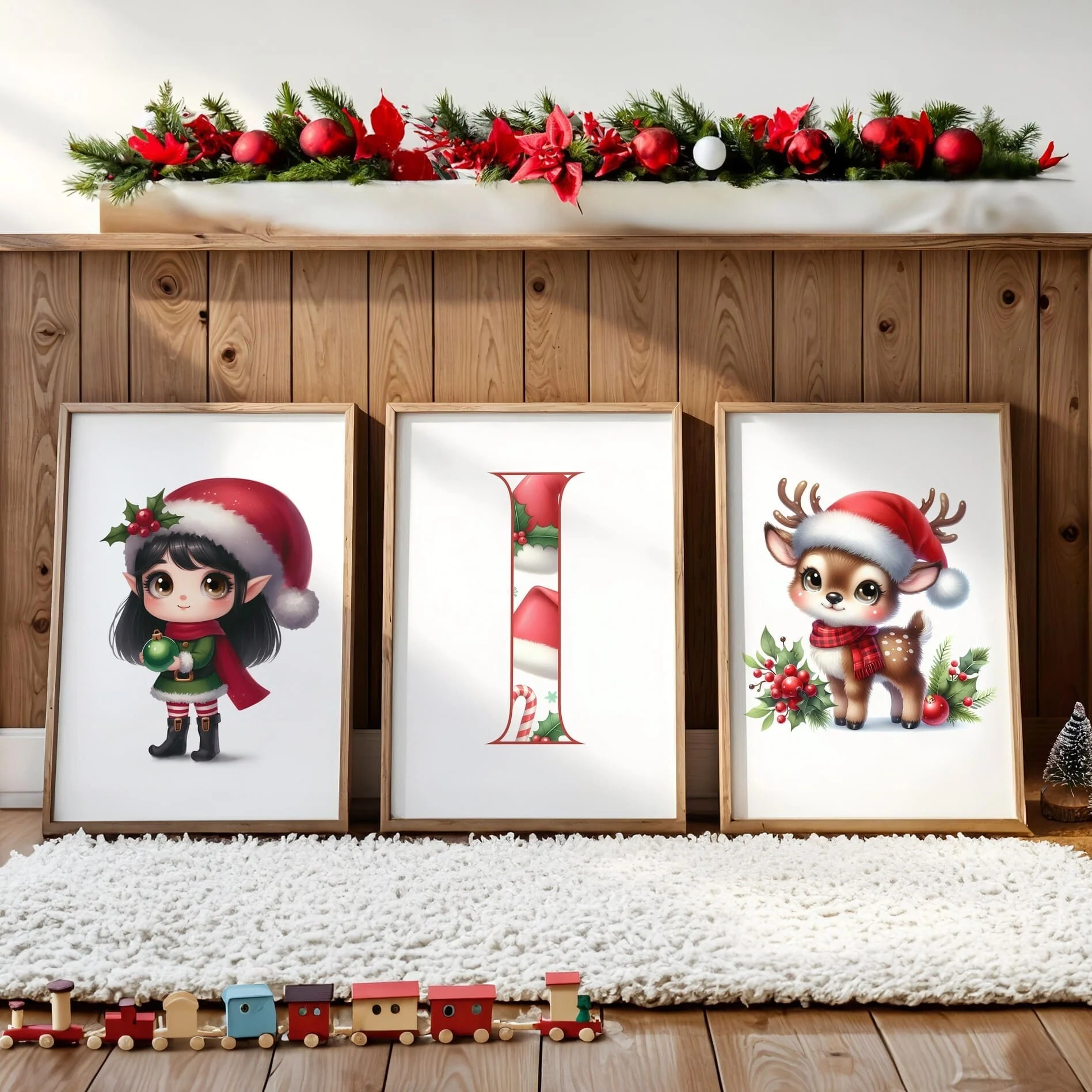 Christmas Nursery Prints Set of 3 | Dark Hair Girl Elf, Reindeer & Christmas Initial | Seasonal Kids Wall Art Prints