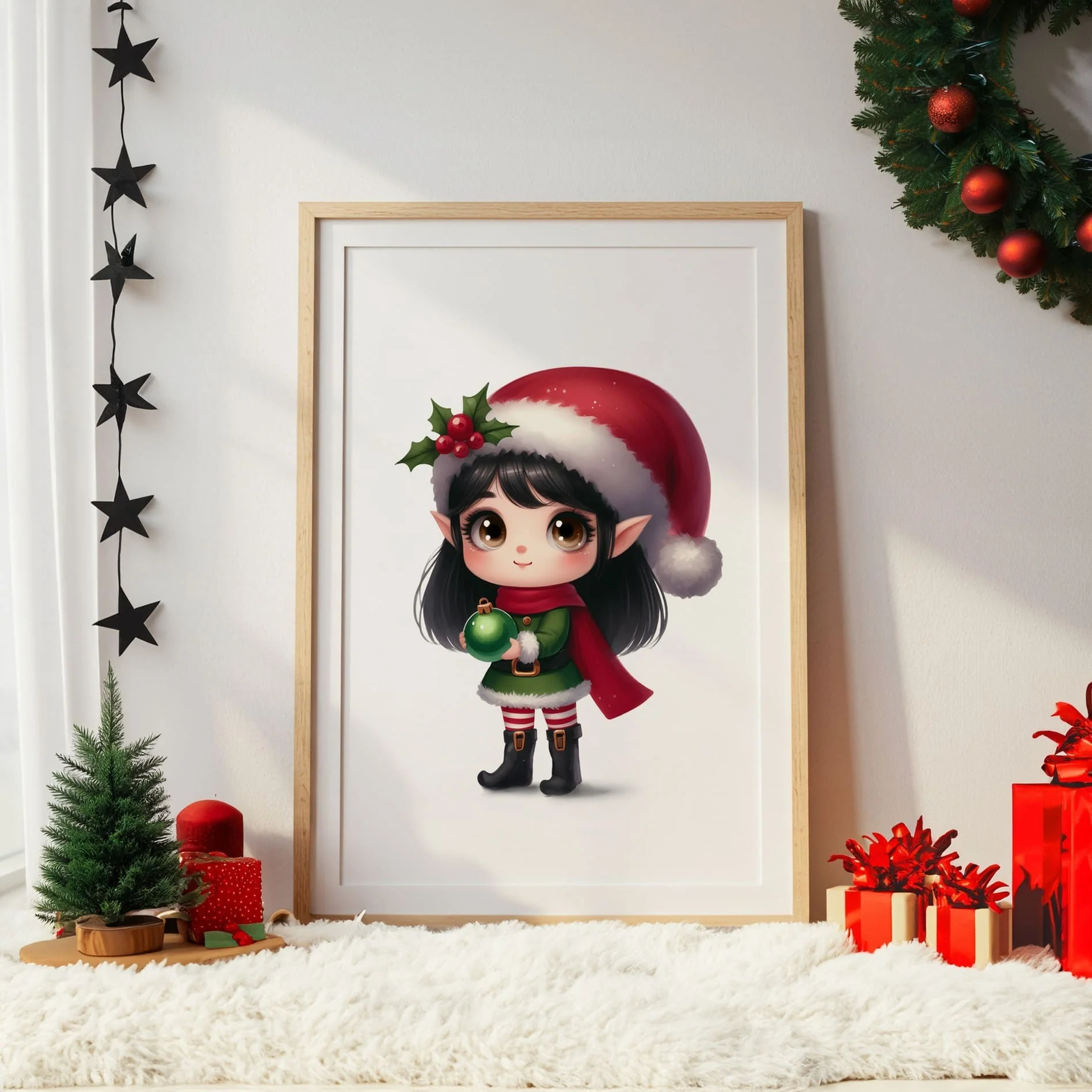 Christmas Nursery Prints Set of 3 | Dark Hair Girl Elf, Reindeer & Christmas Initial | Seasonal Kids Wall Art Prints - Image 2