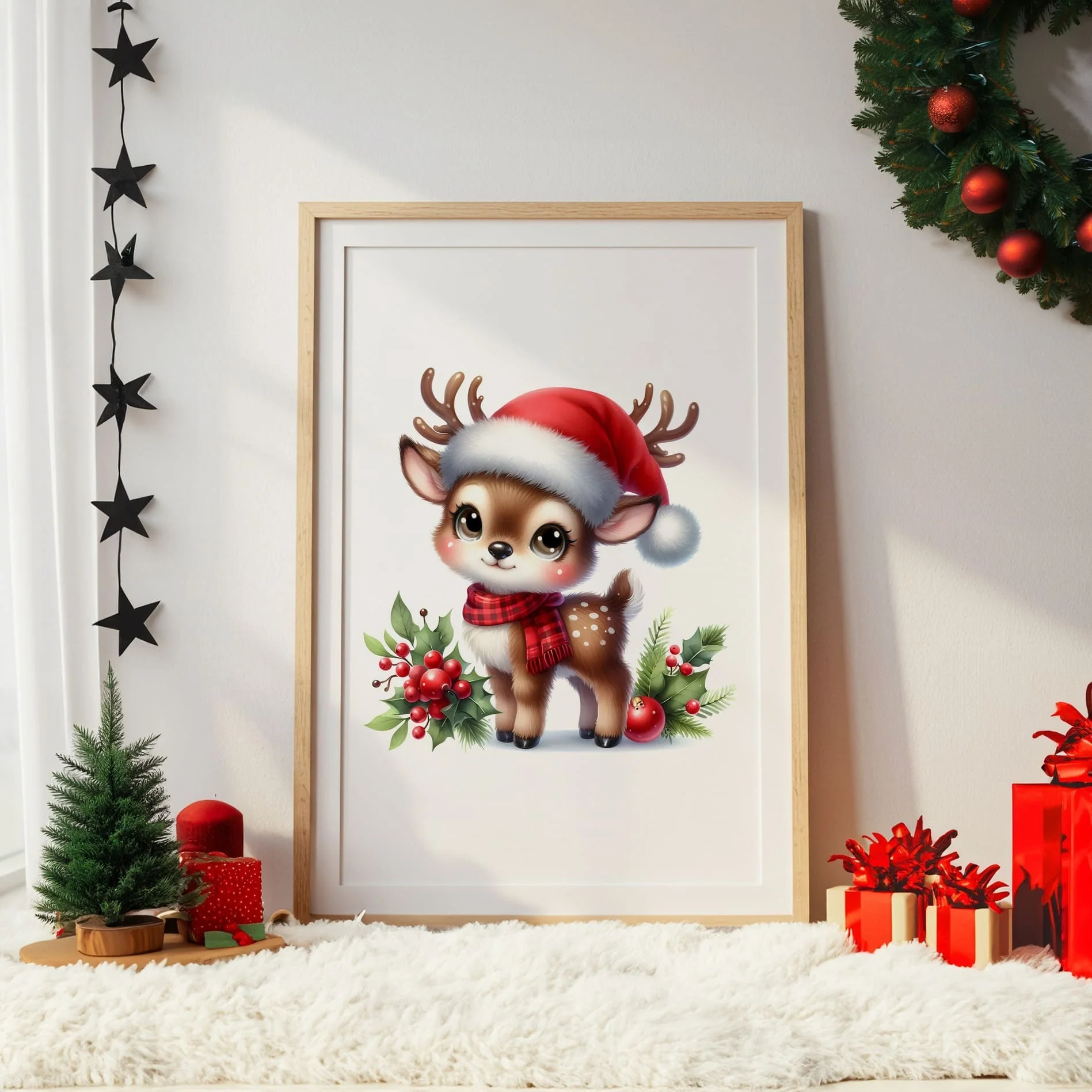 Christmas Nursery Prints Set of 3 | Dark Hair Girl Elf, Reindeer & Christmas Initial | Seasonal Kids Wall Art Prints - Image 3