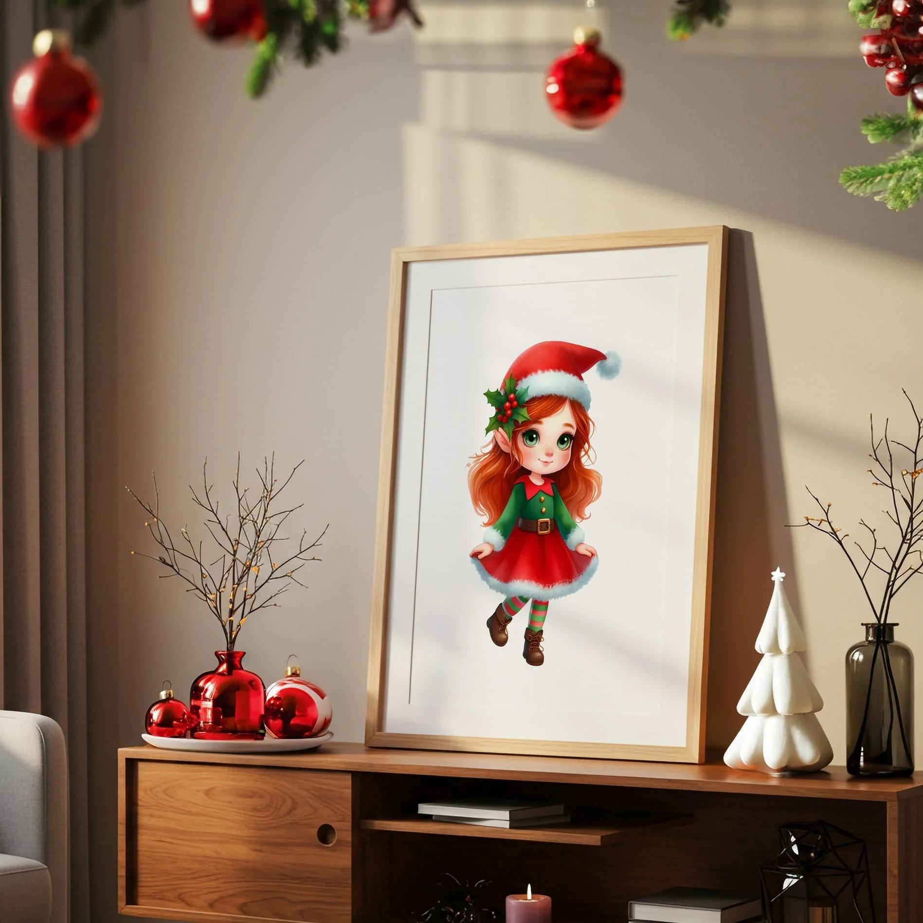 Christmas Nursery Prints Set of 3 | Red Hair Girl Elf, Reindeer & Christmas Initial | Seasonal Kids Wall Art Prints - Image 3