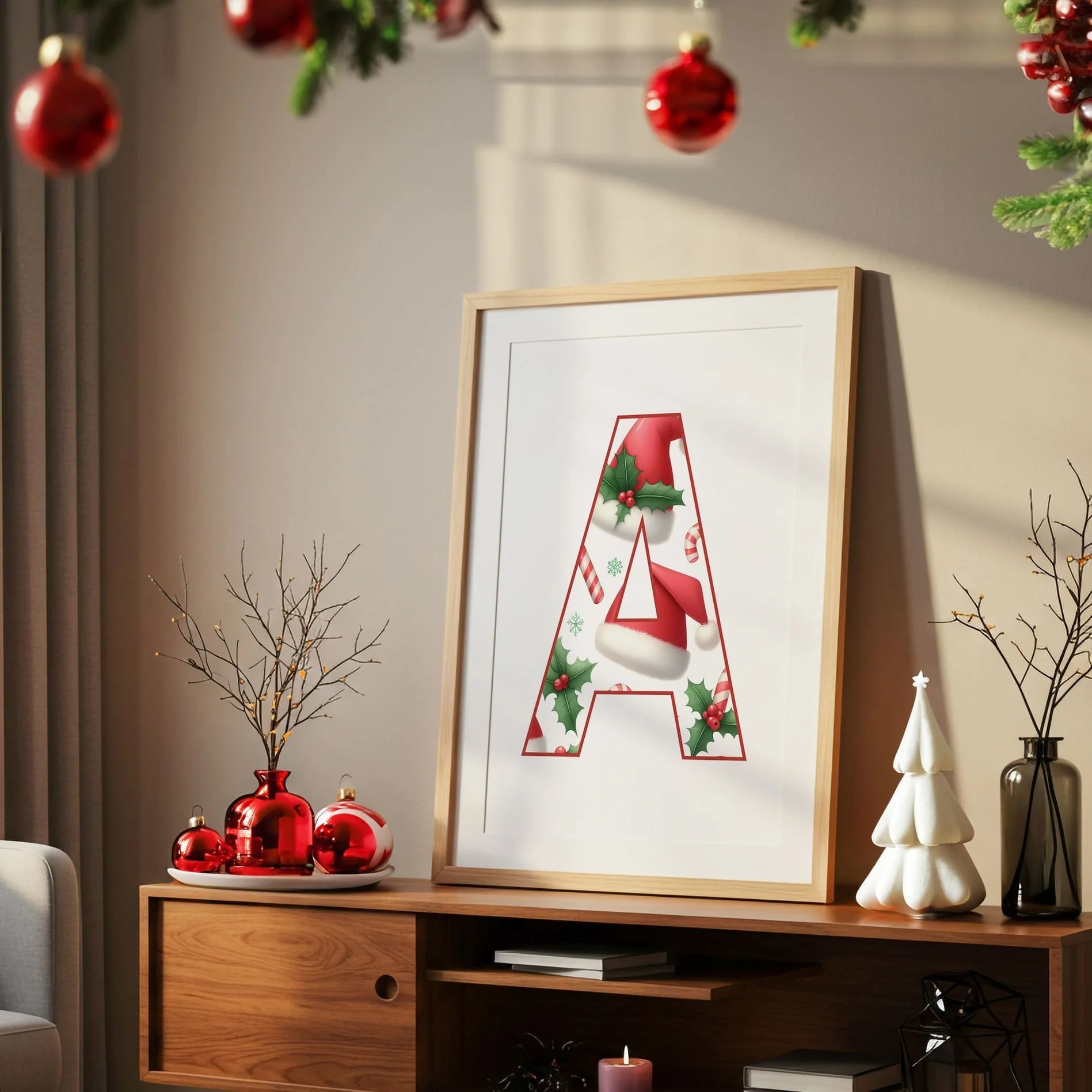 Christmas Nursery Prints Set of 3 | Red Hair Girl Elf, Reindeer & Christmas Initial | Seasonal Kids Wall Art Prints - Image 5