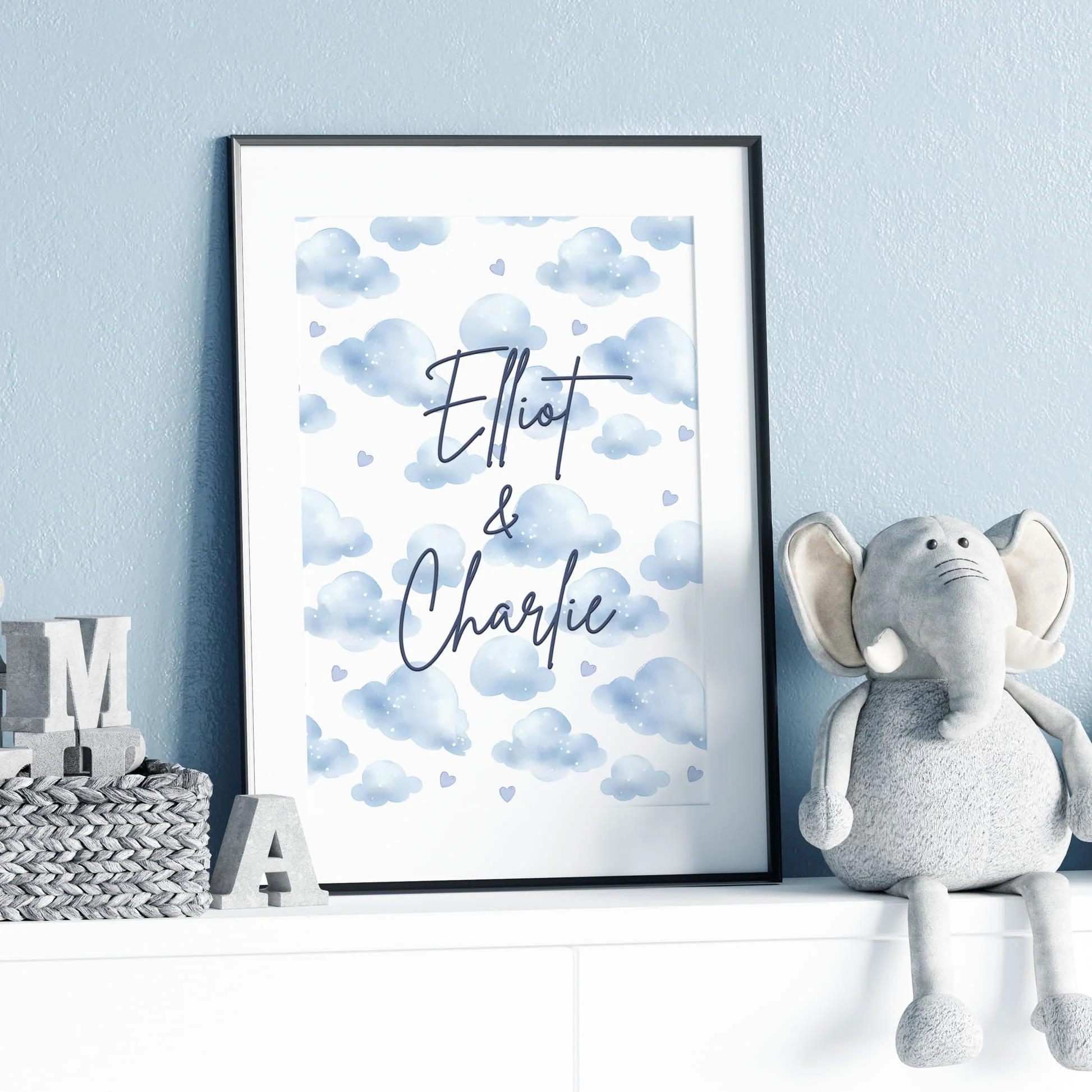 Twin Elephant Art - Blue | Personalised Nursery Prints - Image 3