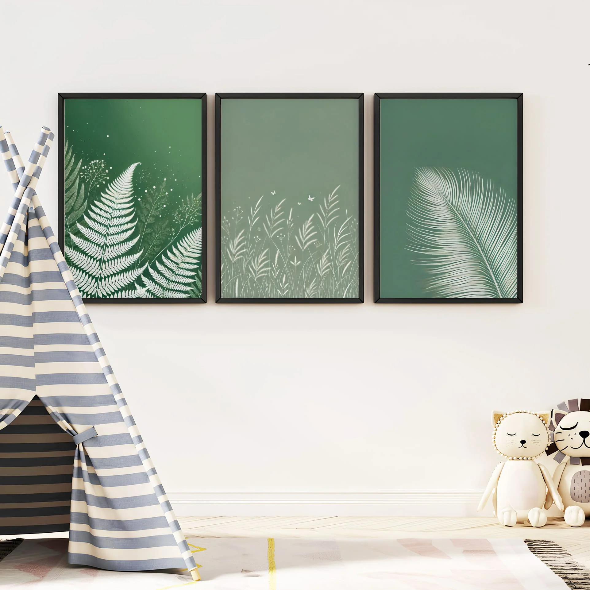 Green Botanical Trio | White Fern & Leaf Art Prints