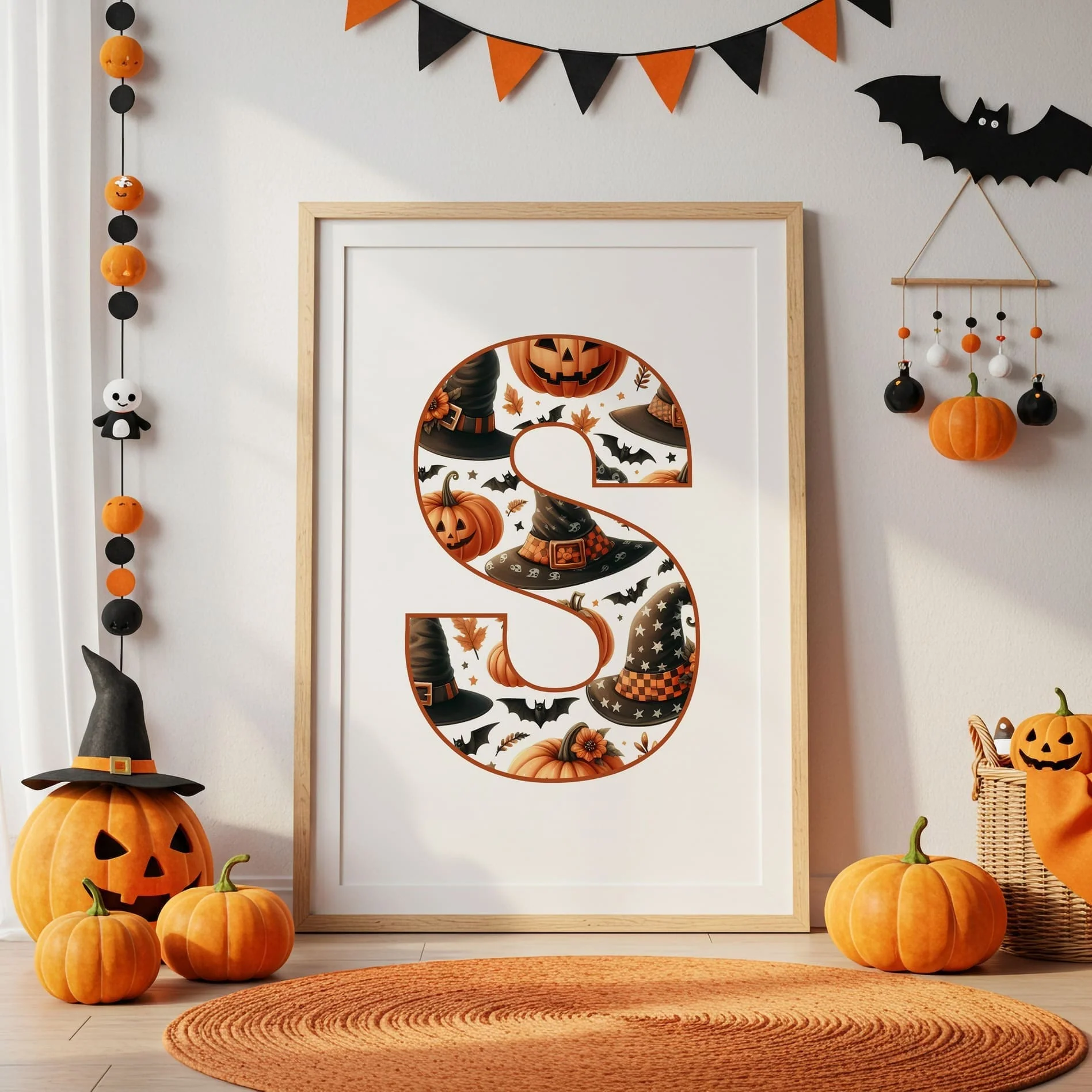 Halloween Nursery Prints Set of 3 | Blonde Witch, Cat & Pumpkin Initial | Seasonal Kids Wall Art - Image 3