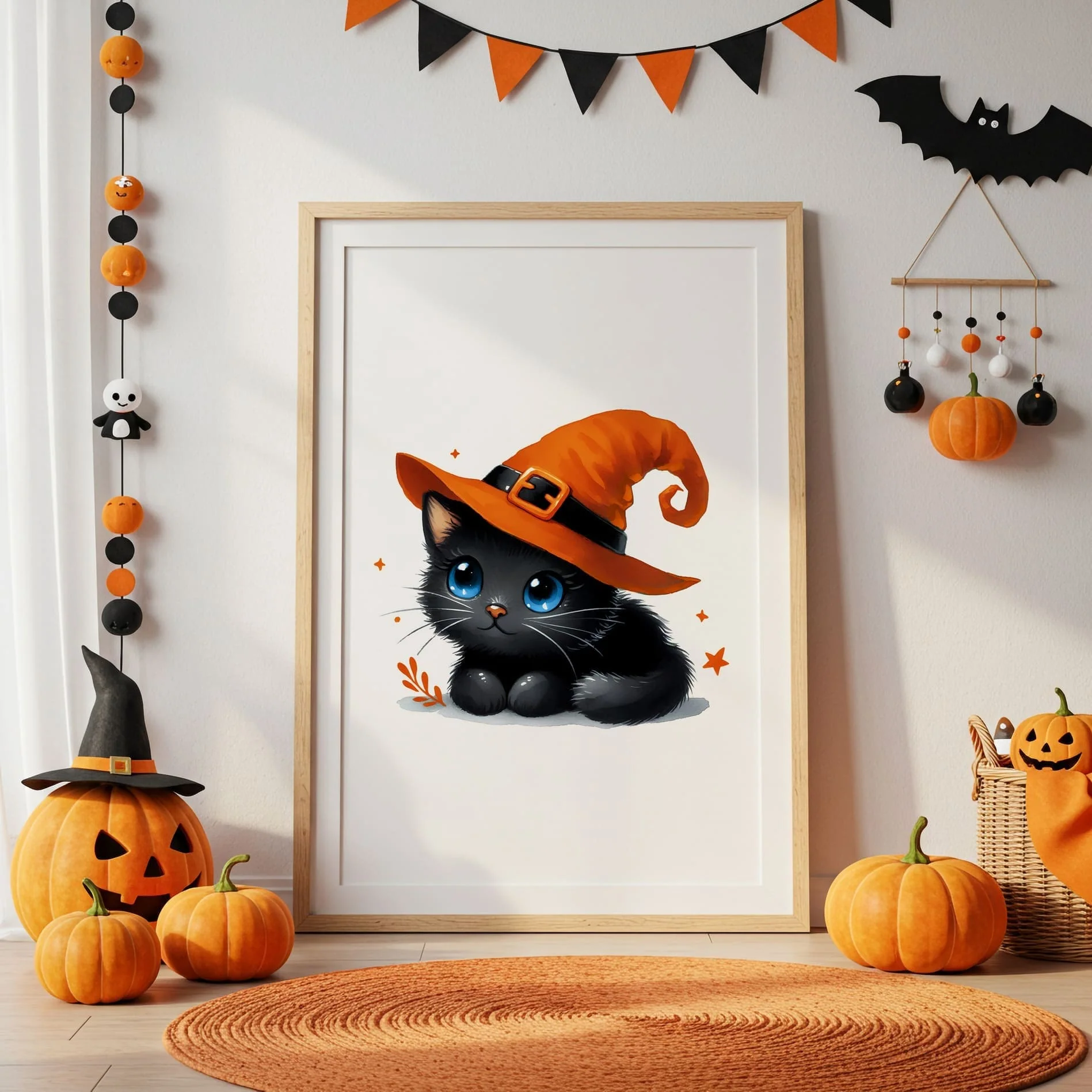 Halloween Nursery Prints Set of 3 | Blonde Witch, Cat & Pumpkin Initial | Seasonal Kids Wall Art - Image 4