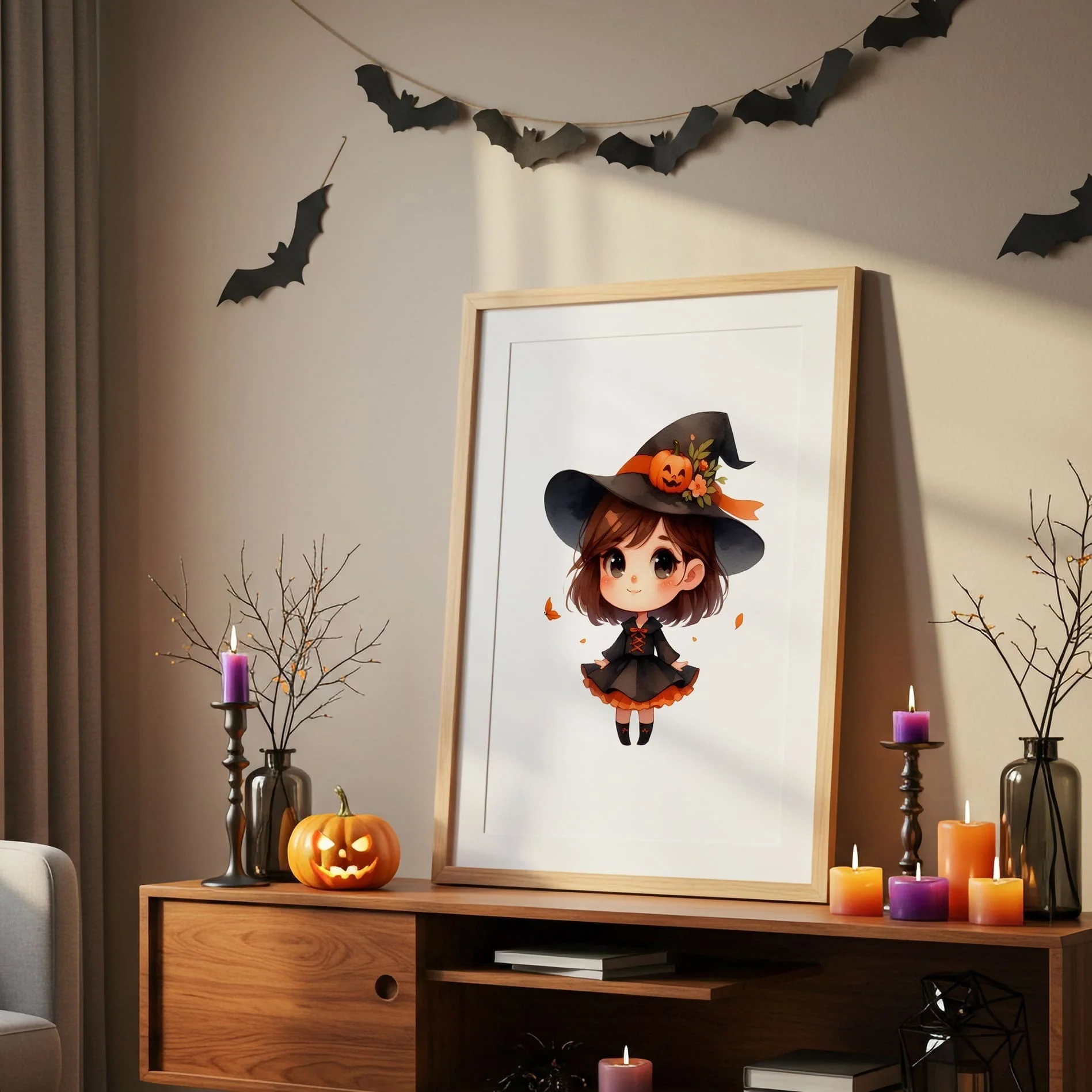 Halloween Nursery Prints Set of 3 | Brown Hair Witch, Cat & Pumpkin Initial | Seasonal Kids Wall Art - Image 4