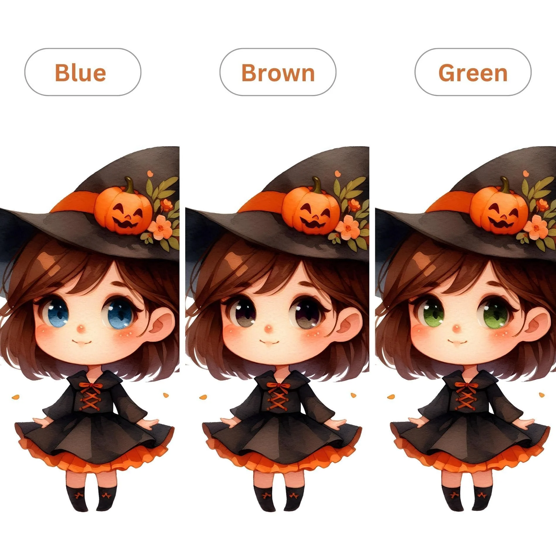 Halloween Nursery Prints Set of 3 | Brown Hair Witch, Cat & Pumpkin Initial | Seasonal Kids Wall Art - Image 9
