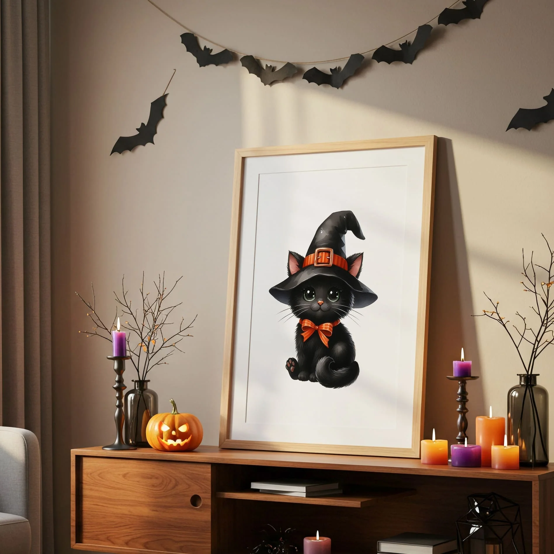 Halloween Nursery Prints Set of 3 | Red Hair Witch, Cat & Pumpkin Initial | Seasonal Kids Wall Art - Image 2