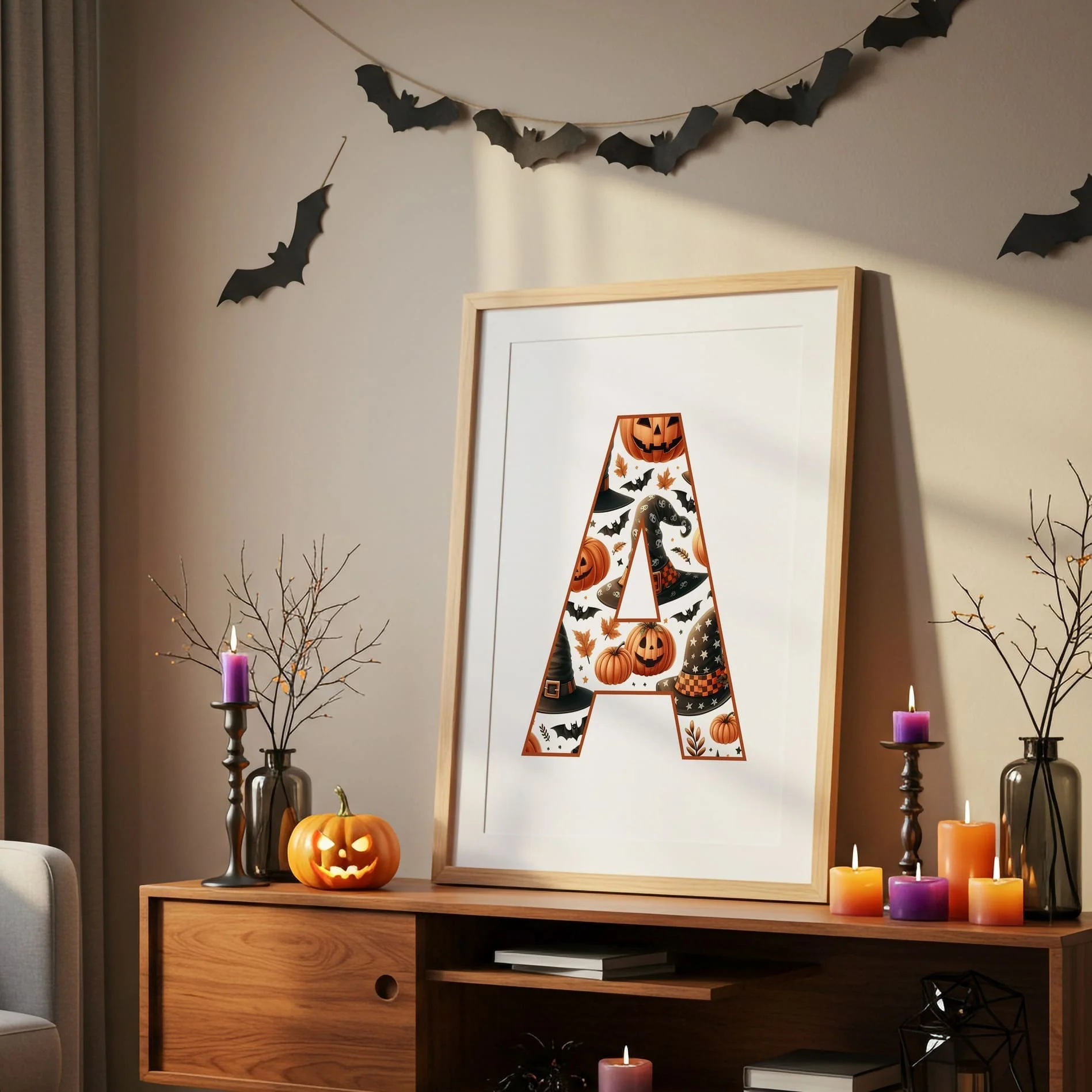 Halloween Nursery Prints Set of 3 | Red Hair Witch, Cat & Pumpkin Initial | Seasonal Kids Wall Art - Image 3
