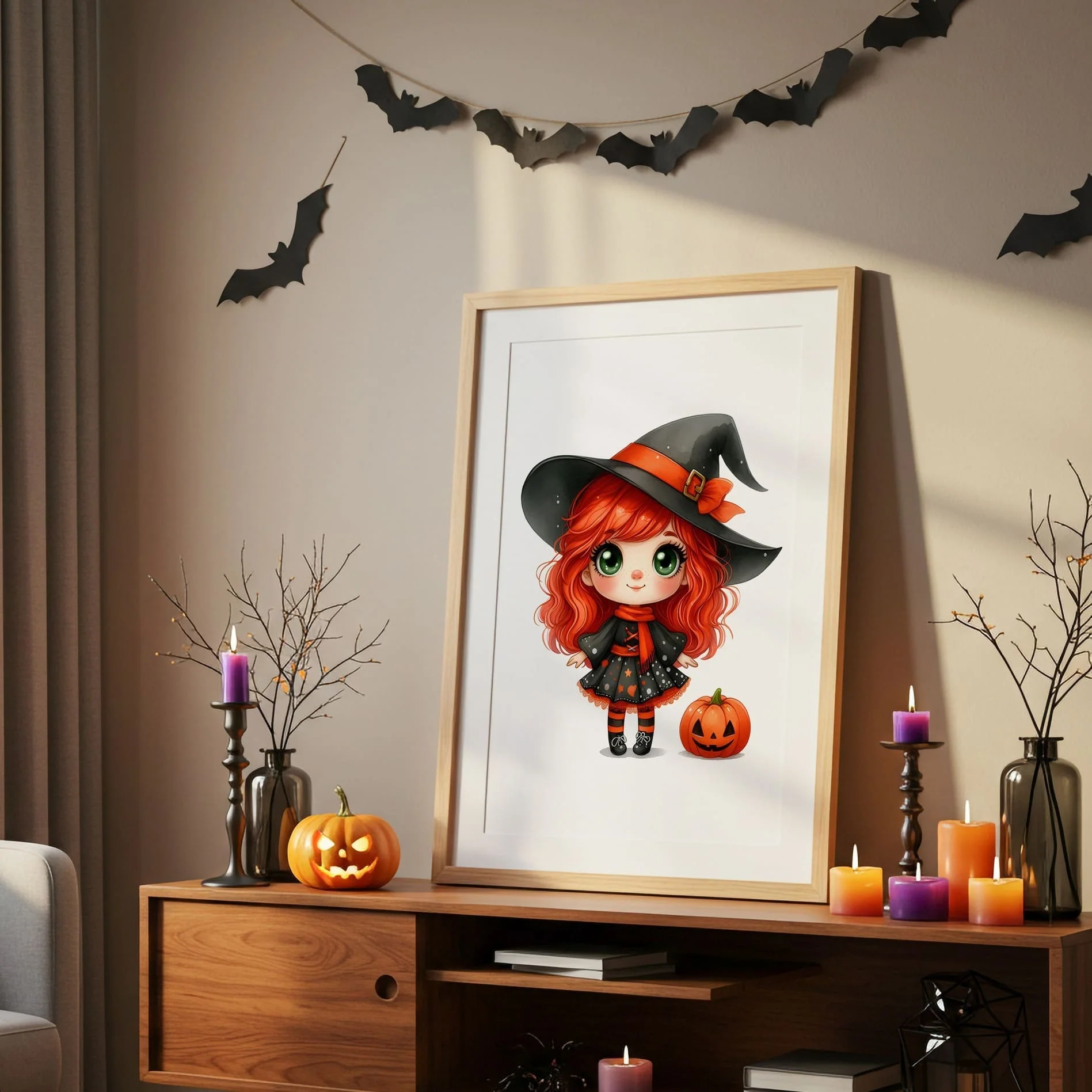 Halloween Nursery Prints Set of 3 | Red Hair Witch, Cat & Pumpkin Initial | Seasonal Kids Wall Art - Image 4