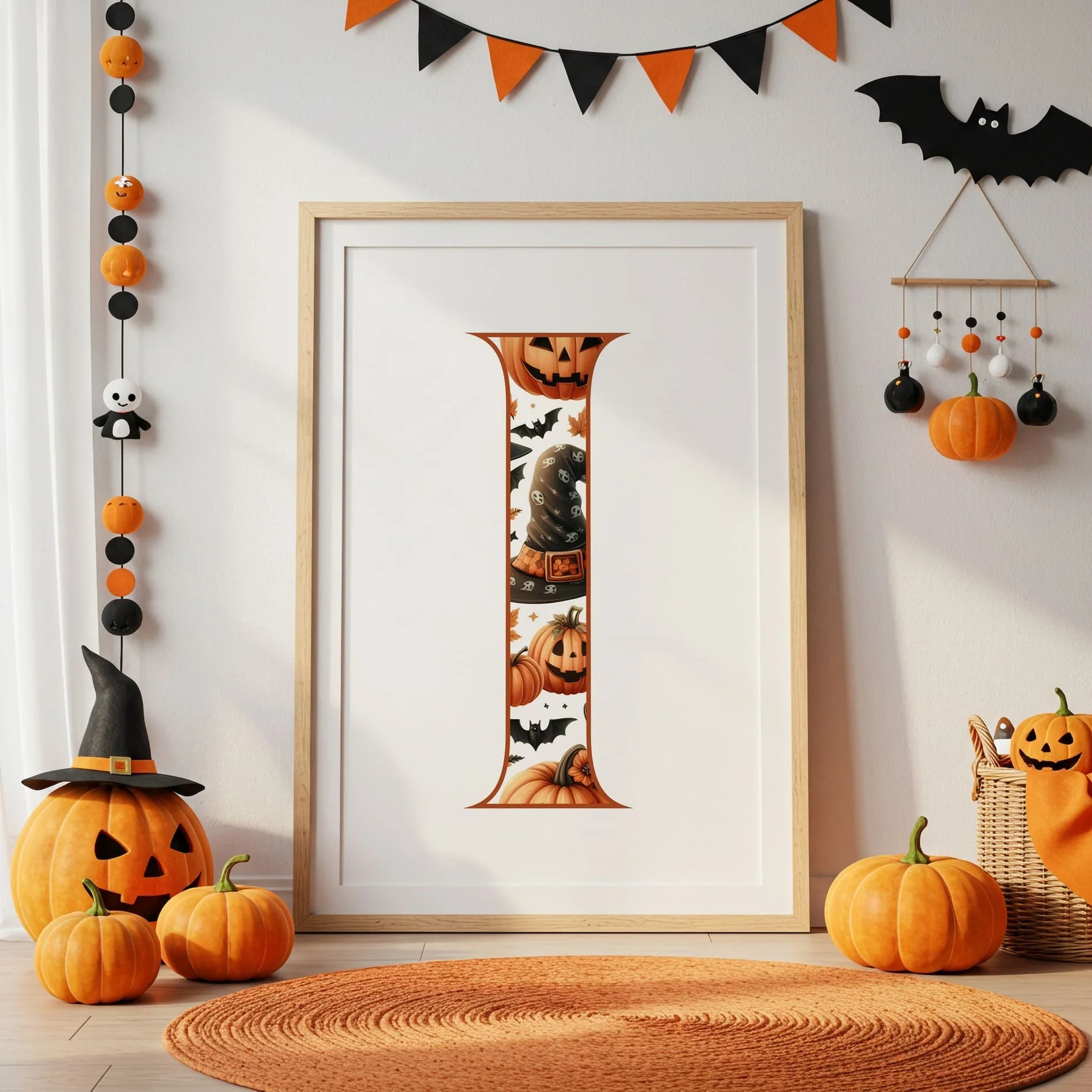 Halloween Nursery Prints Set of 3 | Witch, Cat & Pumpkin Initial | Seasonal Kids Wall Art - Image 3