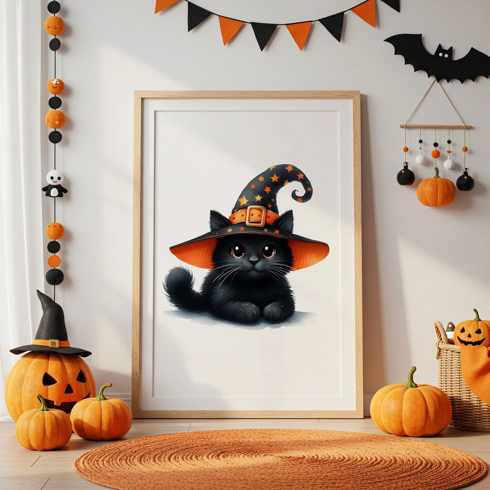 Halloween Nursery Prints Set of 3 | Witch, Cat & Pumpkin Initial | Seasonal Kids Wall Art - Image 5