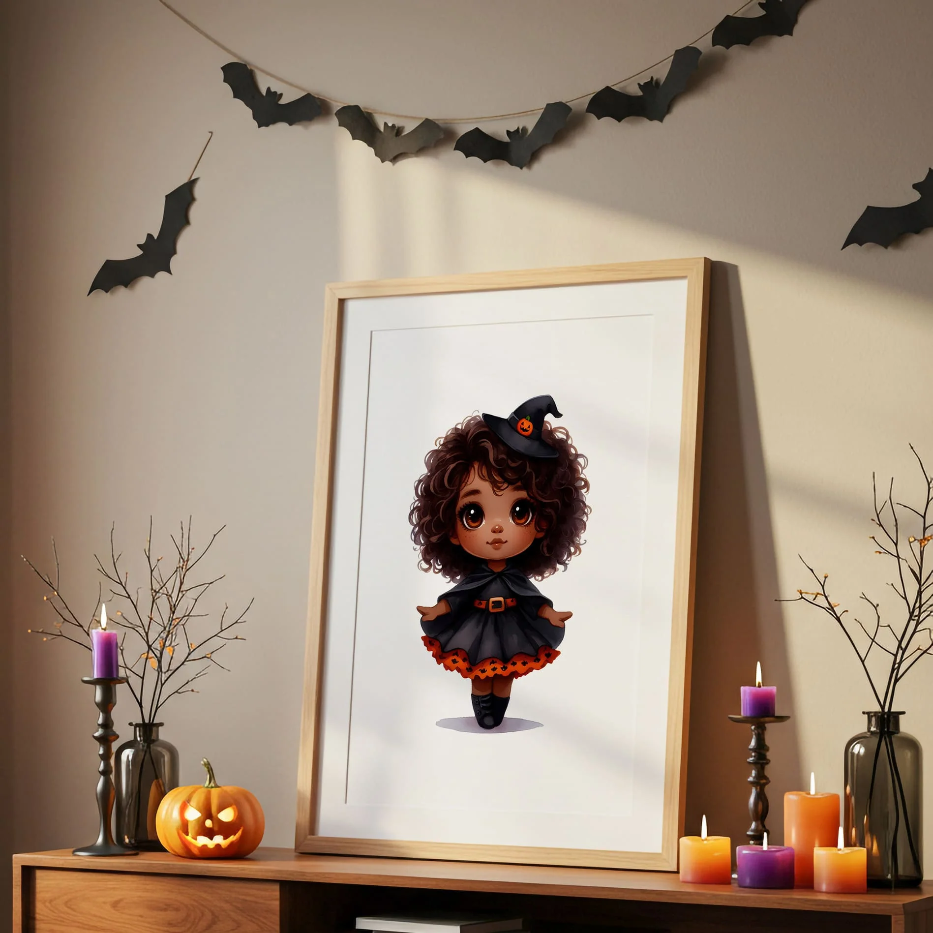 Halloween Nursery Prints Set of 3 | Witch, Cat & Pumpkin Initial | Seasonal Kids Wall Art Prints - Image 2
