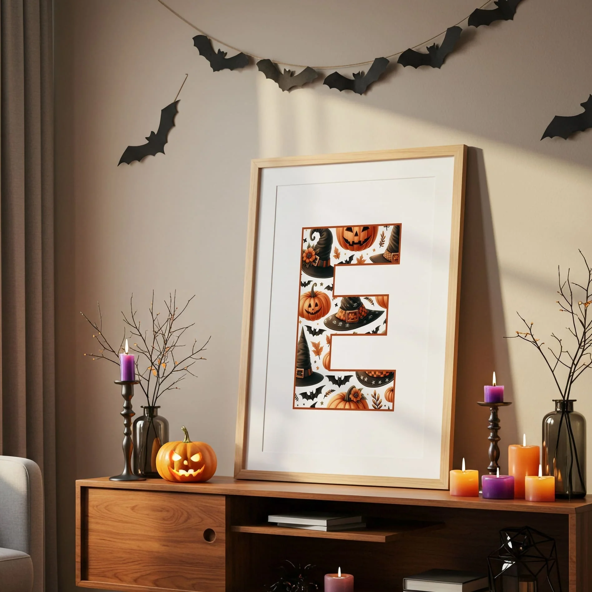 Halloween Nursery Prints Set of 3 | Witch, Cat & Pumpkin Initial | Seasonal Kids Wall Art Prints - Image 3
