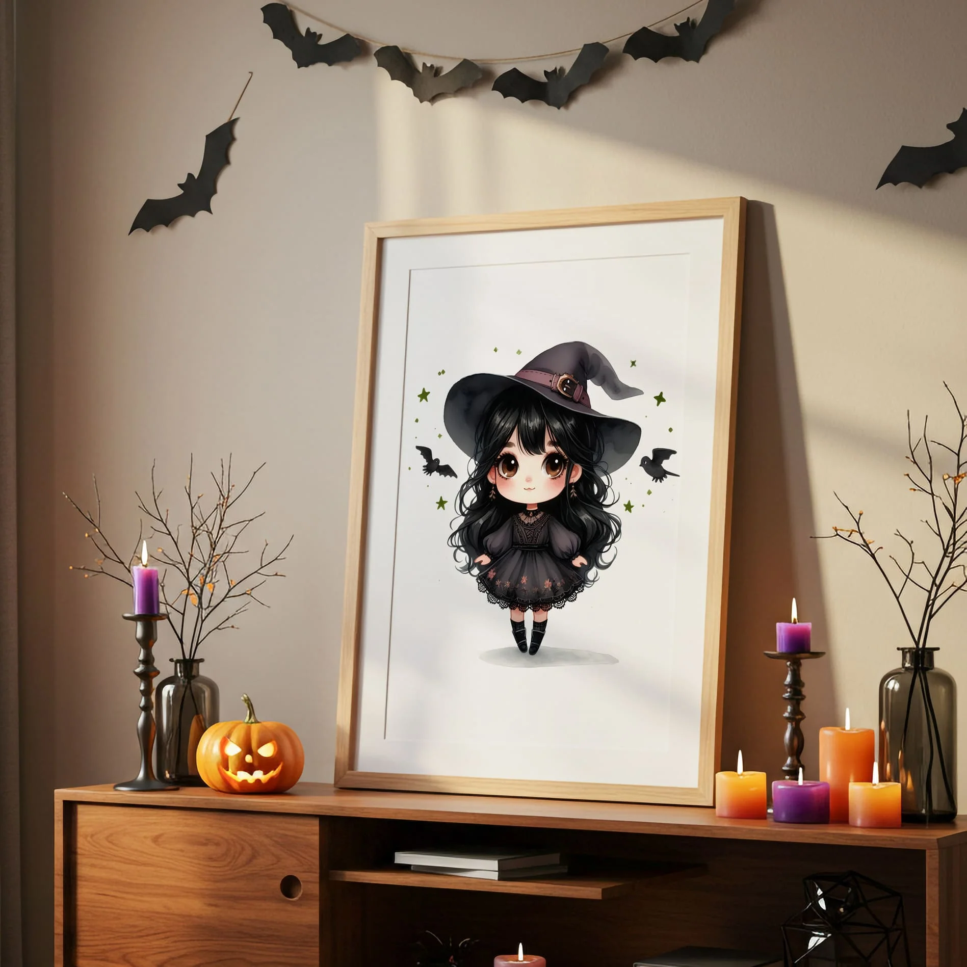 Halloween Personalised Kids Decor | Cute Witch with Black Hair and Brown Eyes - Image 2