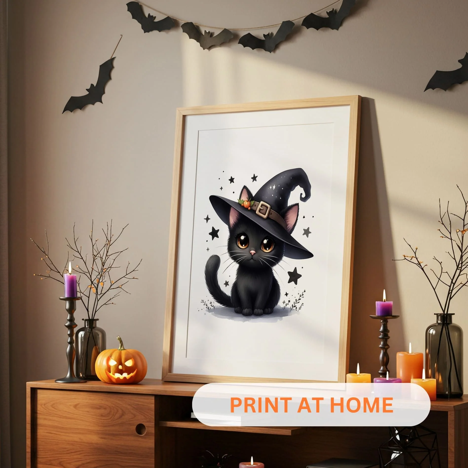 Halloween Printable Wall Art | Cute Witch with Black Hair and Brown Eyes | Kids Room Digital Prints - Image 4