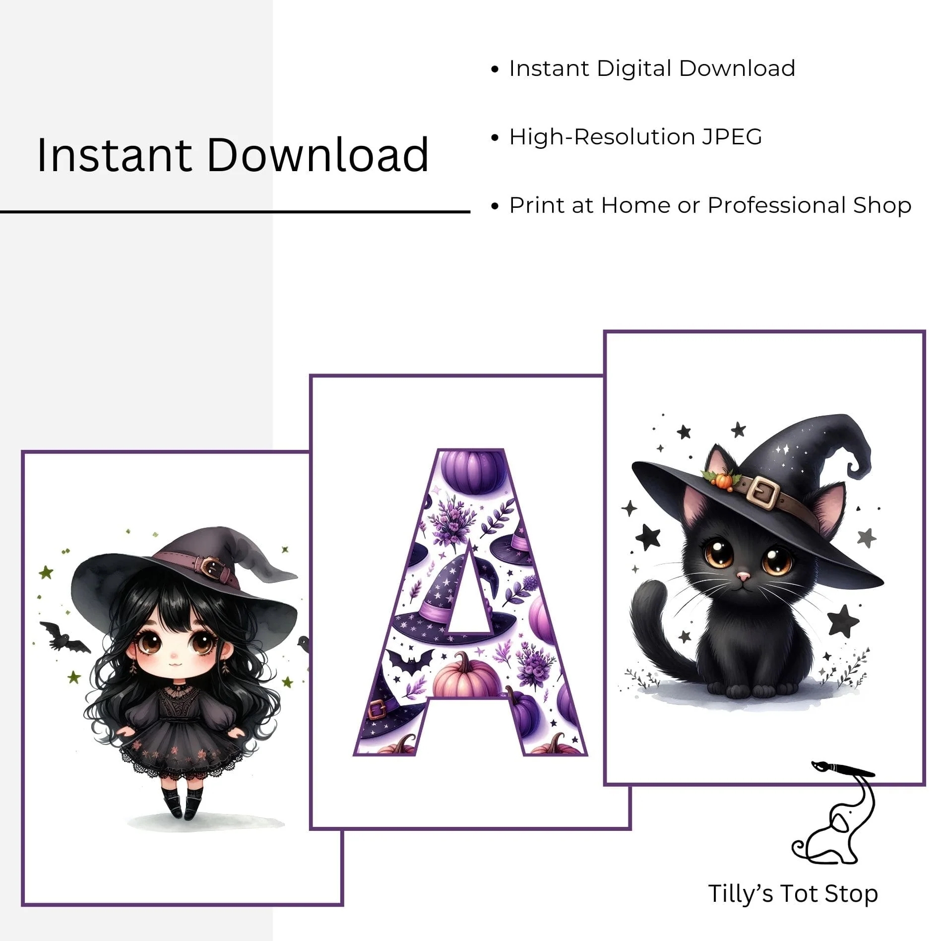 Halloween Printable Wall Art | Cute Witch with Black Hair and Brown Eyes | Kids Room Digital Prints - Image 5