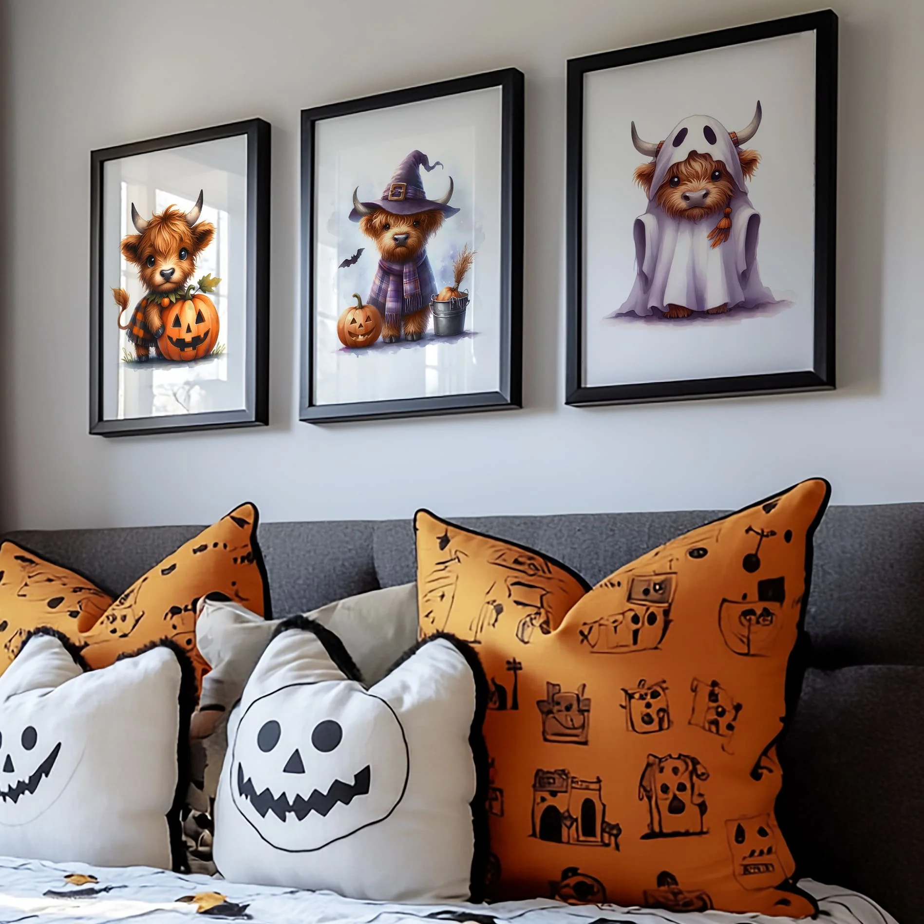 Highland Cow Halloween Prints | Pumpkin, Witch & Ghost Trio Wall Art