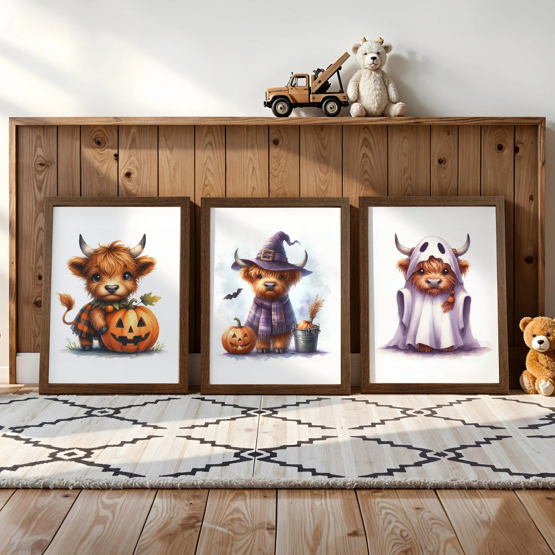 Highland Cow Halloween Prints | Pumpkin, Witch & Ghost Trio Wall Art - Image 2