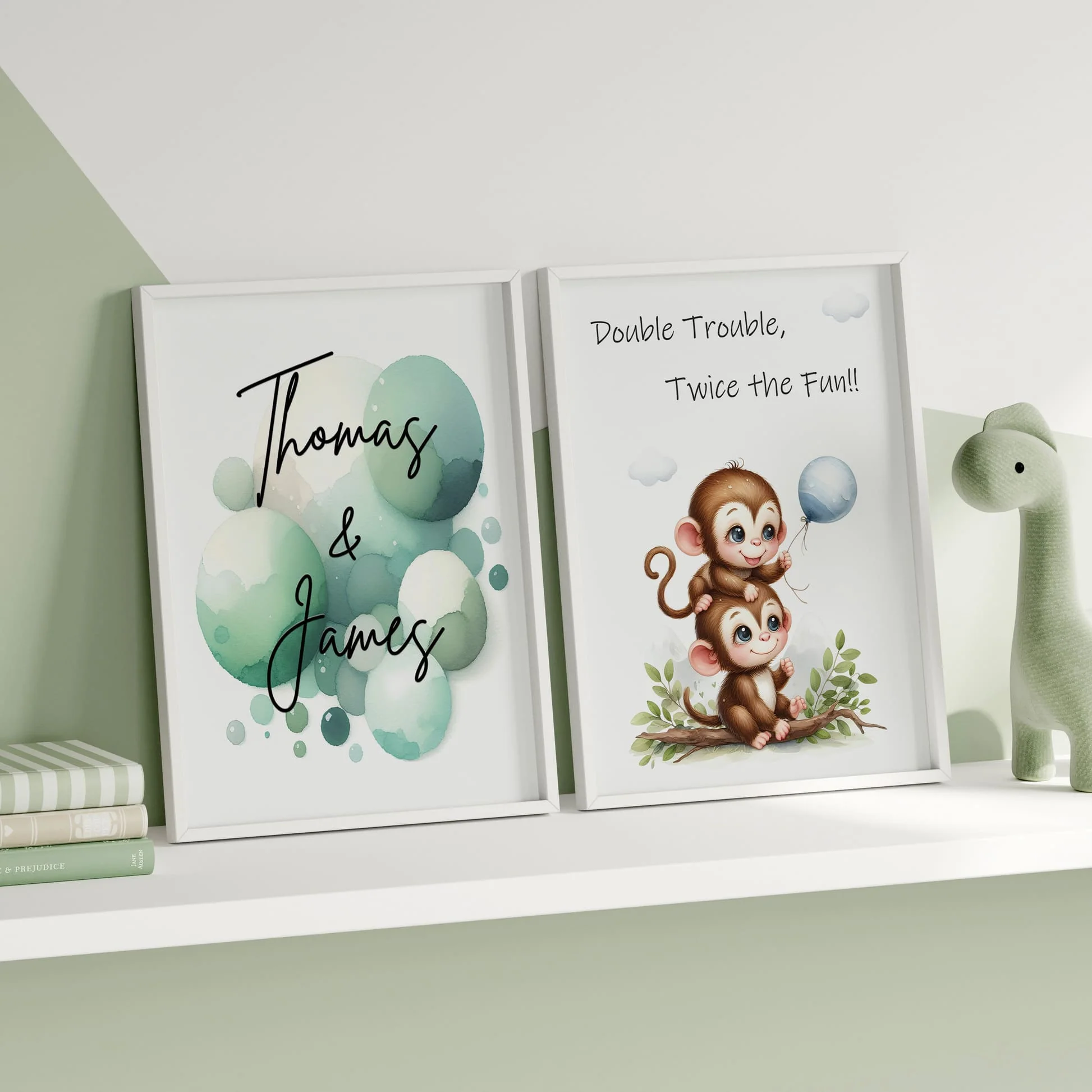 Playful Monkey Twins Art Set | Personalised Nursery Wall Art