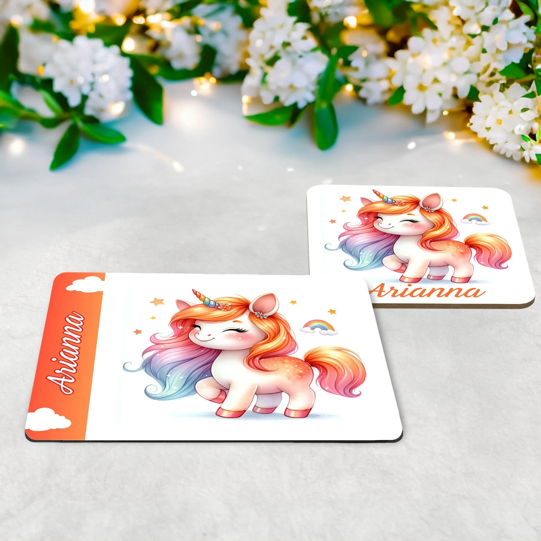 Orange Unicorn Kids Mug, Coaster & Placemat Set – Personalised - Image 3