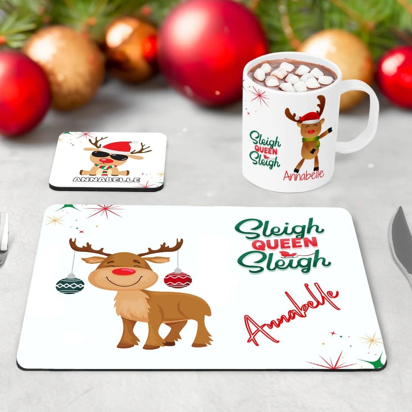 Personalised Kids Christmas Dinner Set | Funky Reindeer Placemat, Coaster & Mug