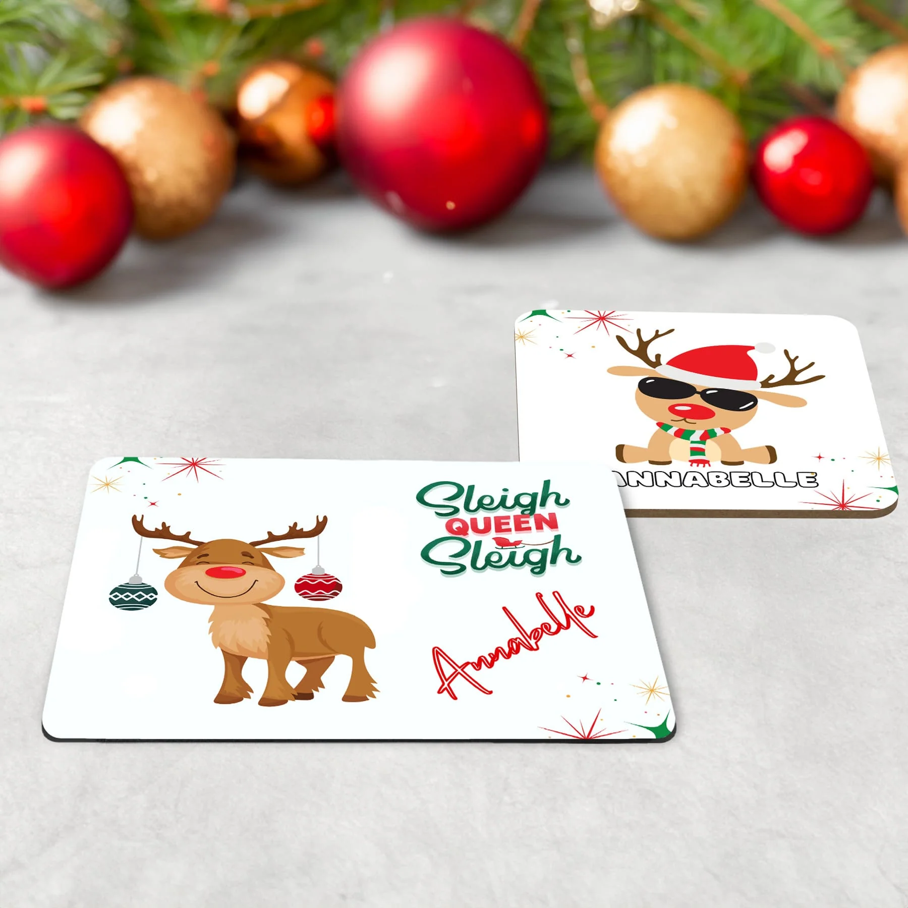 Personalised Kids Christmas Dinner Set | Funky Reindeer Placemat, Coaster & Mug - Image 2