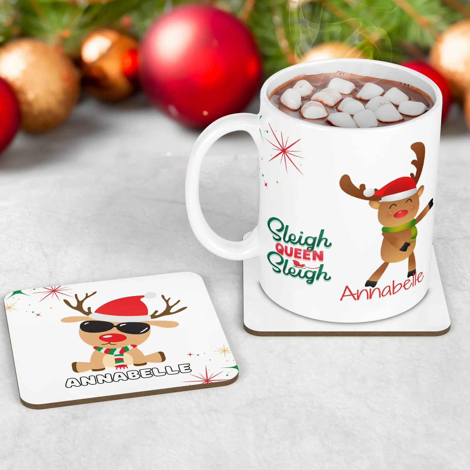 Personalised Kids Christmas Dinner Set | Funky Reindeer Placemat, Coaster & Mug - Image 3