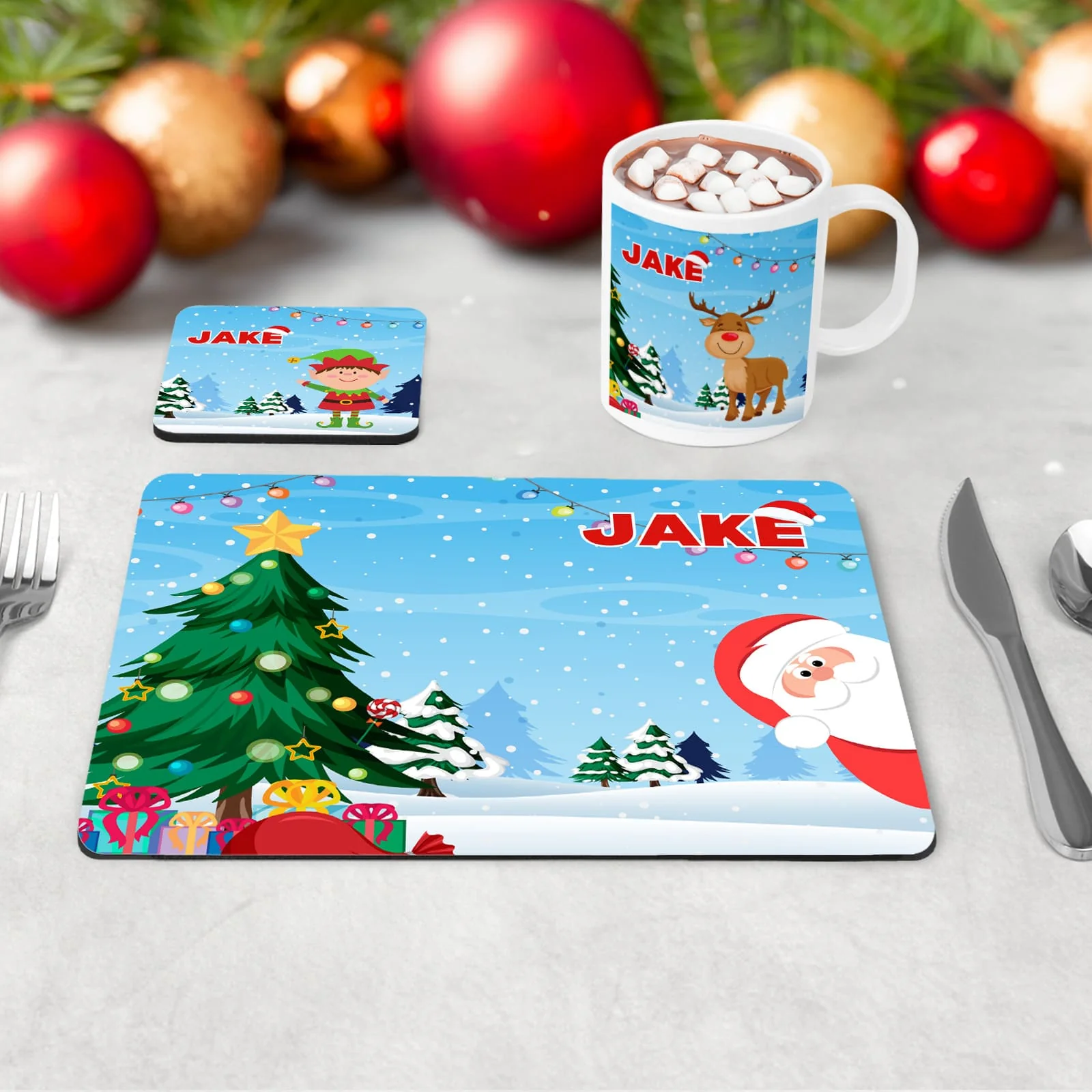 Personalised Kids Christmas Tableware Set | Bright Christmas Placemat, Coaster & Mug
