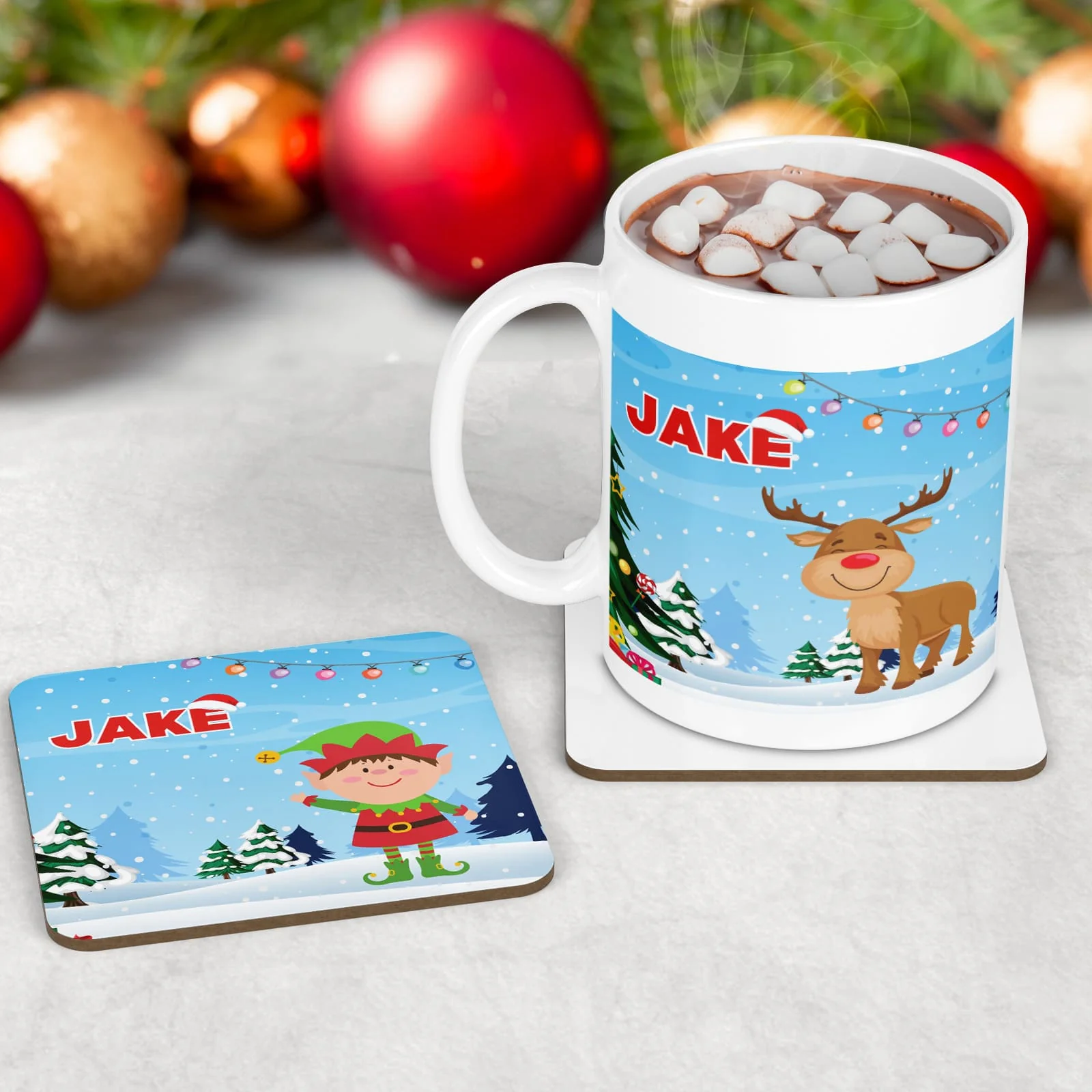 Personalised Kids Christmas Tableware Set | Bright Christmas Placemat, Coaster & Mug - Image 2