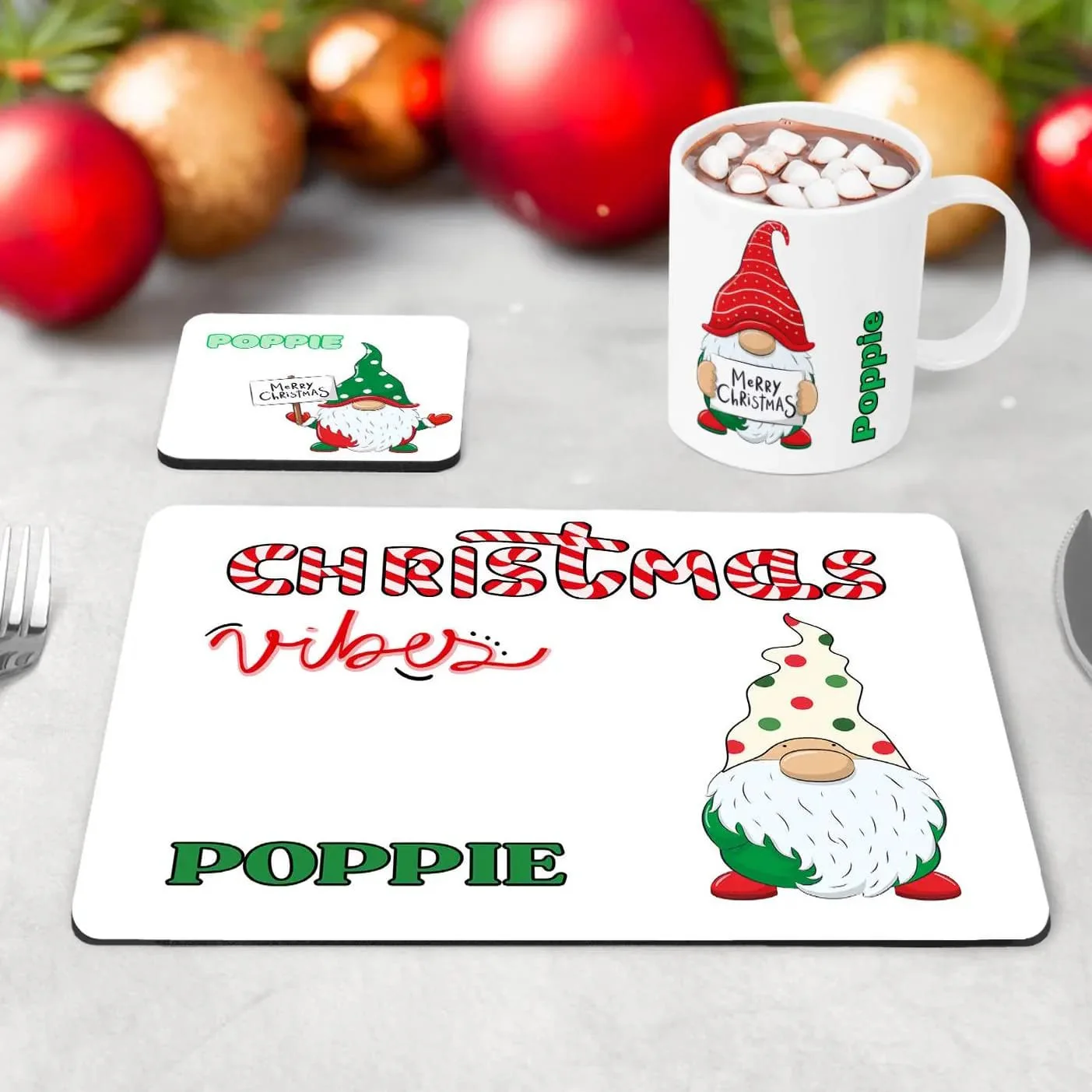 Personalised Kids Christmas Tableware Set | Christmas Gonk Placemat, Coaster & Mug