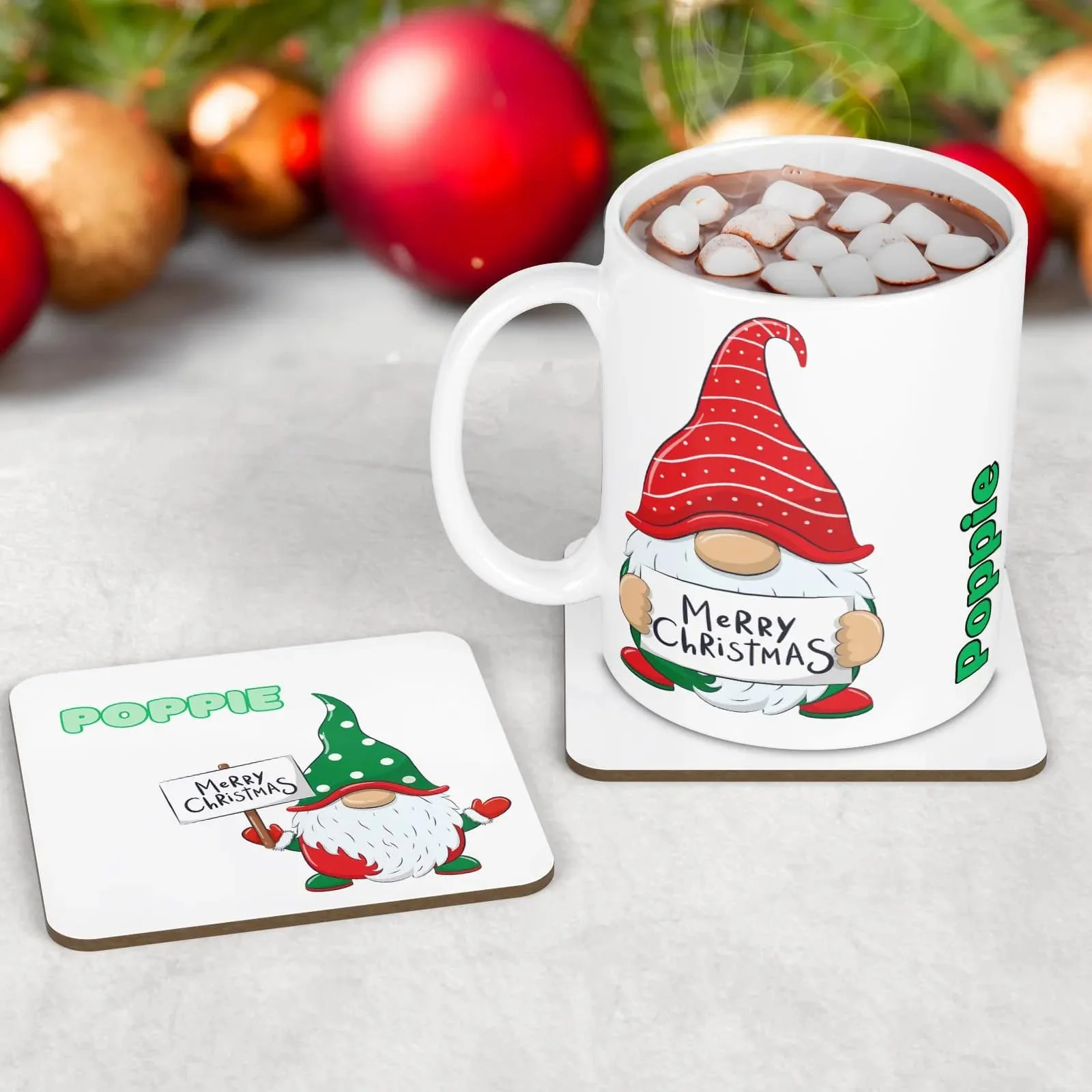 Personalised Kids Christmas Tableware Set | Christmas Gonk Placemat, Coaster & Mug - Image 2