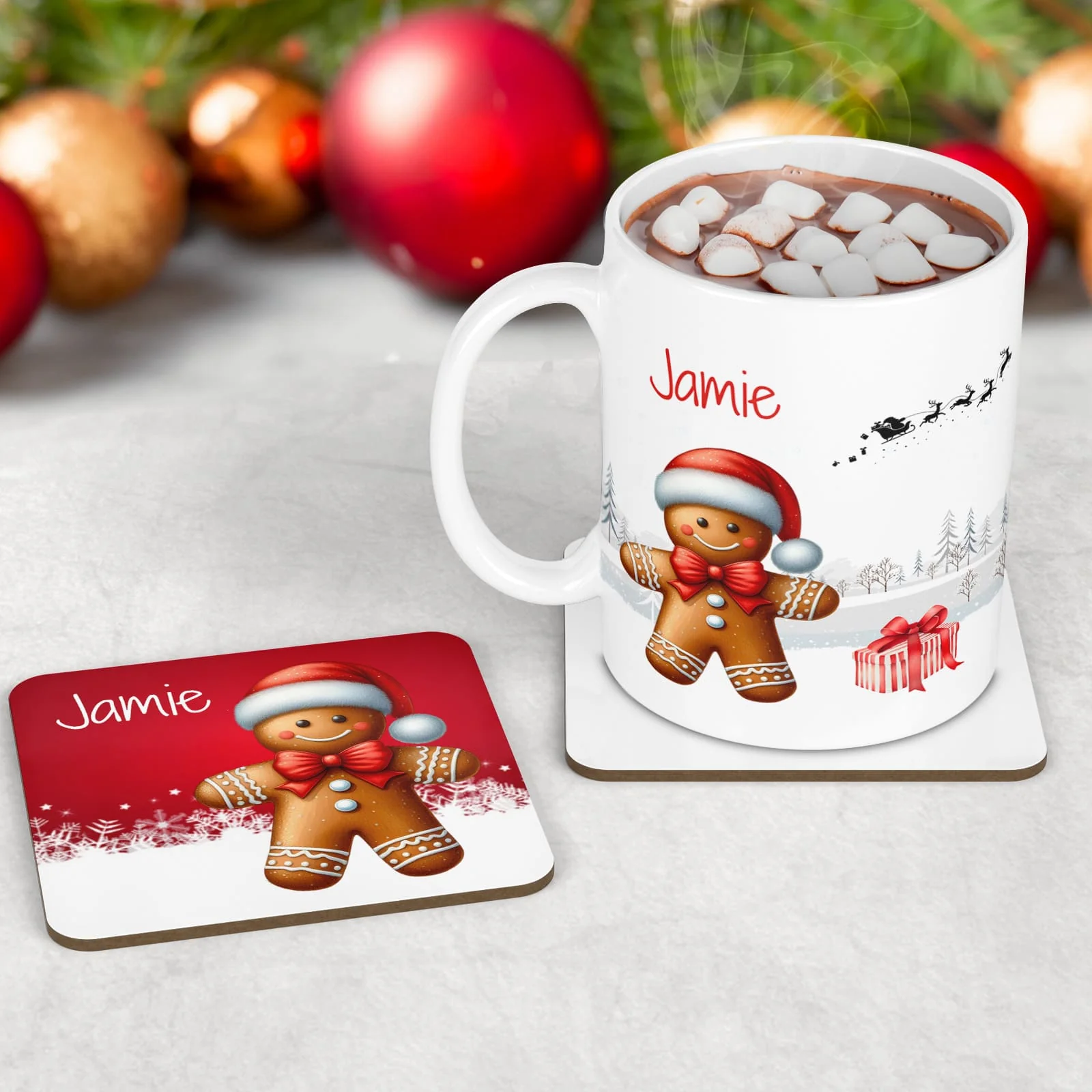 Personalised Kids Christmas Tableware Set | Gingerbread Man Placemat, Coaster & Mug Red - Image 3