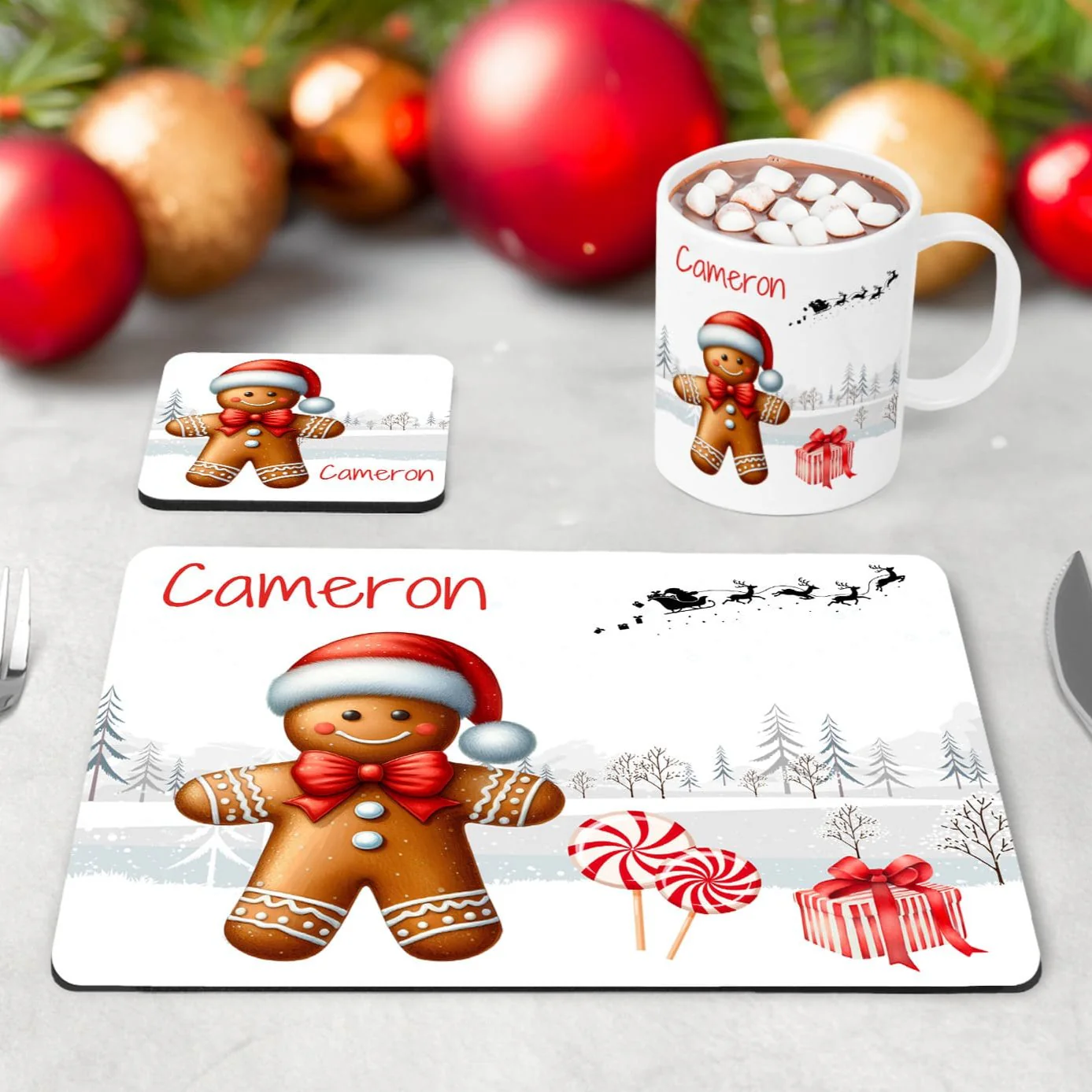 Personalised Kids Christmas Tableware Set | Gingerbread Man Placemat, Coaster & Mug White