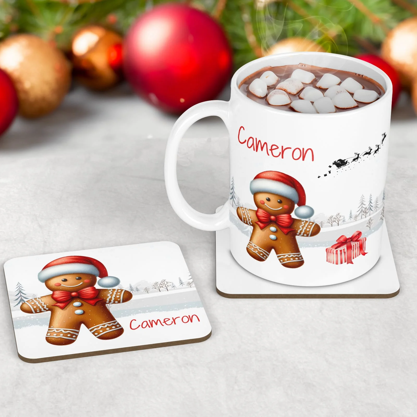 Personalised Kids Christmas Tableware Set | Gingerbread Man Placemat, Coaster & Mug White - Image 2