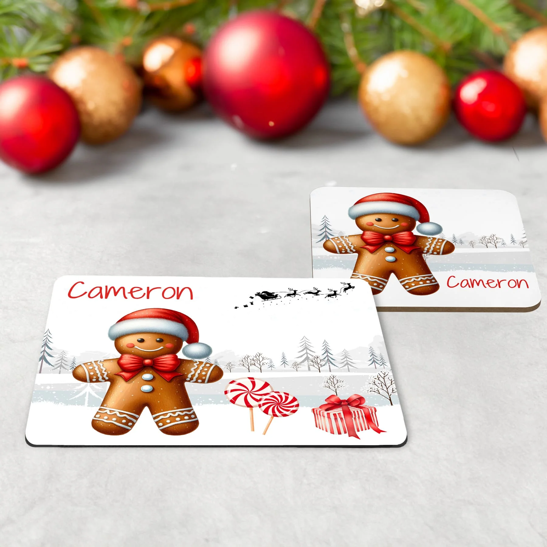 Personalised Kids Christmas Tableware Set | Gingerbread Man Placemat, Coaster & Mug White - Image 3