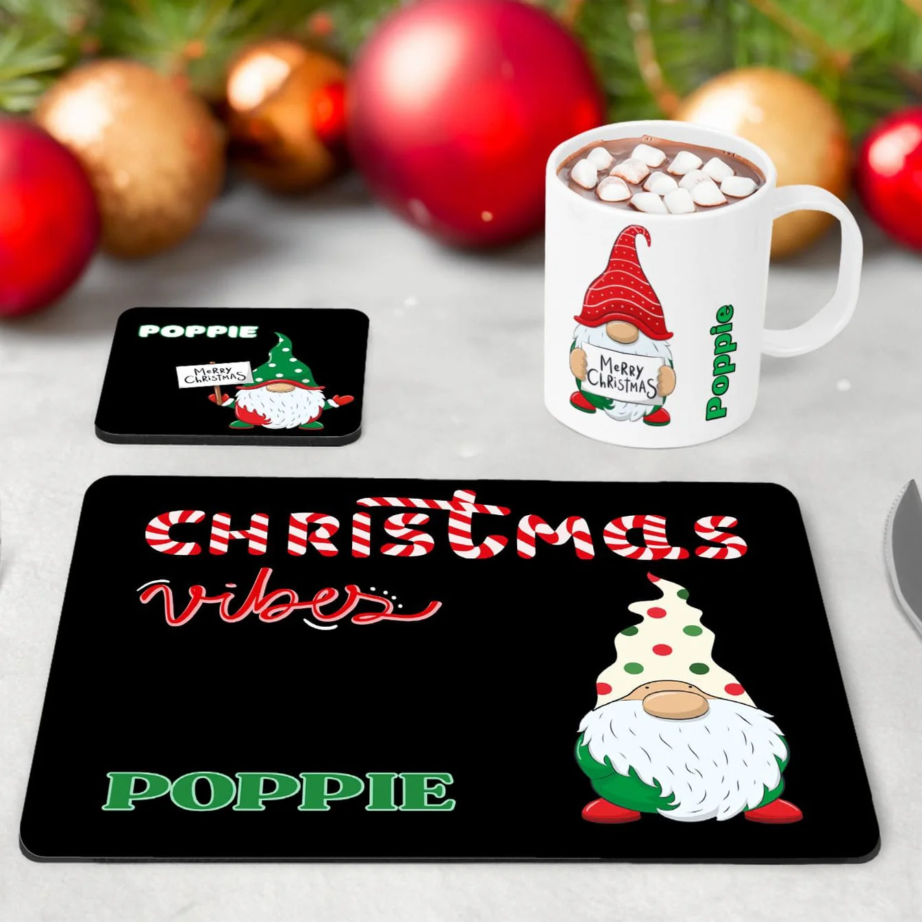 Personalised Kids Christmas Tableware Set | Gonk on Black Placemat, Coaster & Mug