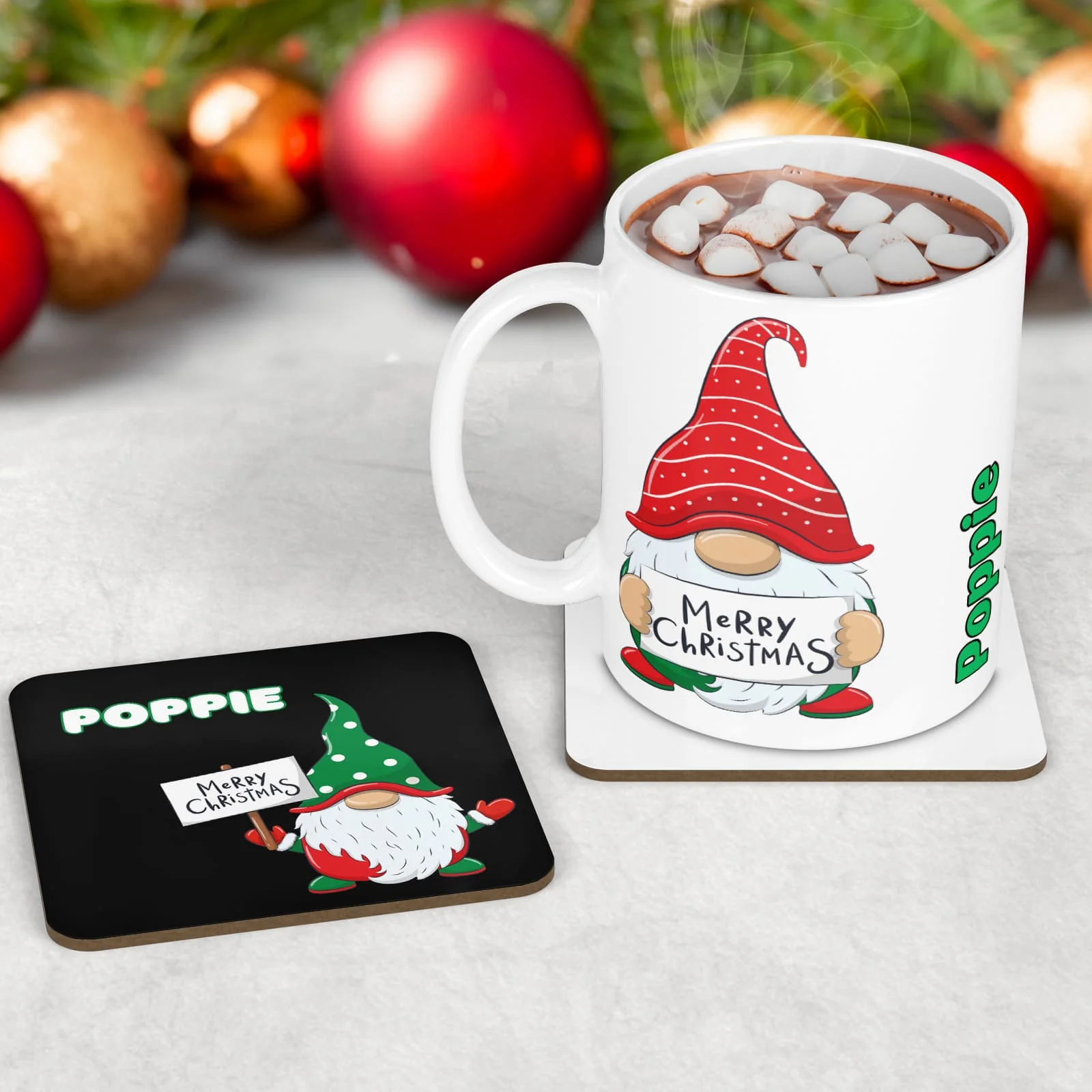 Personalised Kids Christmas Tableware Set | Gonk on Black Placemat, Coaster & Mug - Image 2
