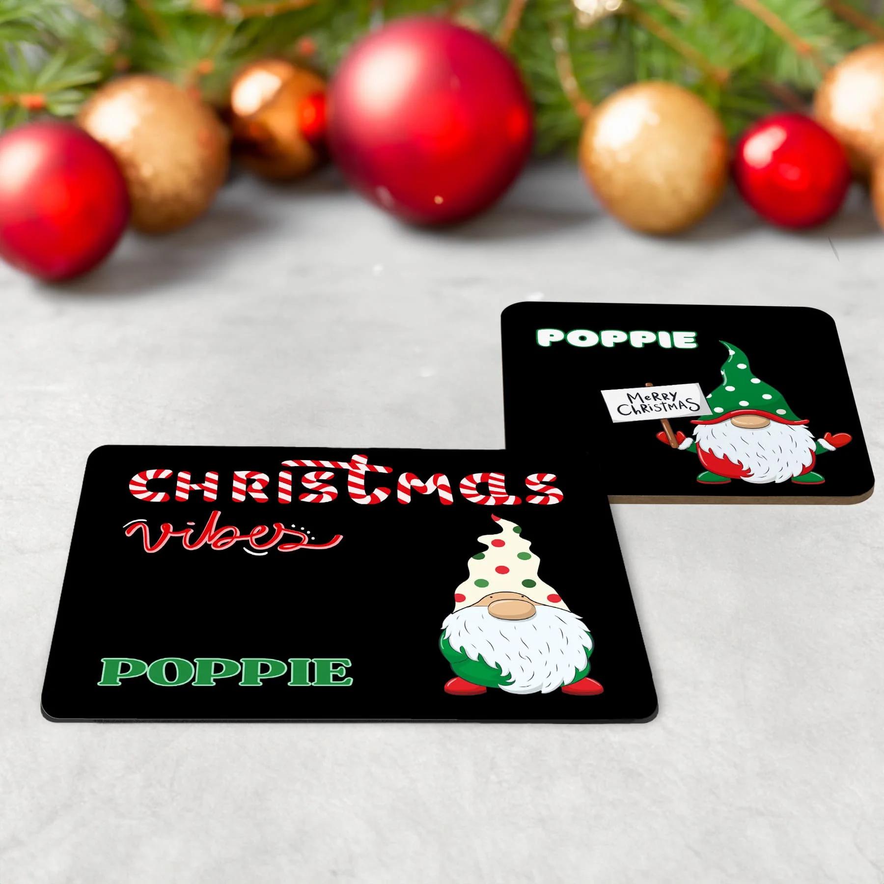 Personalised Kids Christmas Tableware Set | Gonk on Black Placemat, Coaster & Mug - Image 3